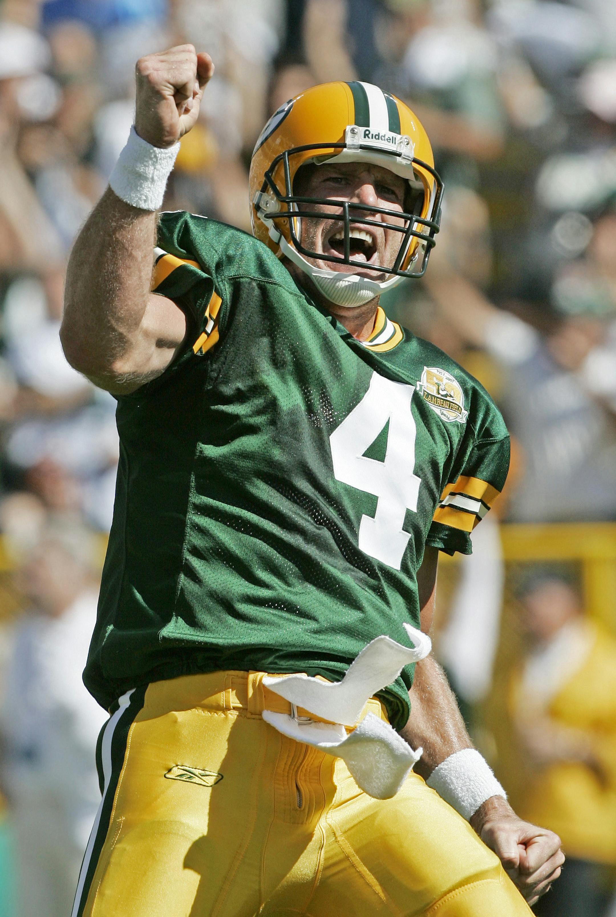 FILE - In this Sept. 23, 2007, file photo, Green Bay Packers quarterback Brett Favre reacts after throwing a touchdown pass to Bubba Franks during the first half of an NFL football game against the San Diego Chargers in Green Bay, Wis. Favre is a finalist for the Pro Football Hall of Fame. (AP Photo/Morry Gash, File)