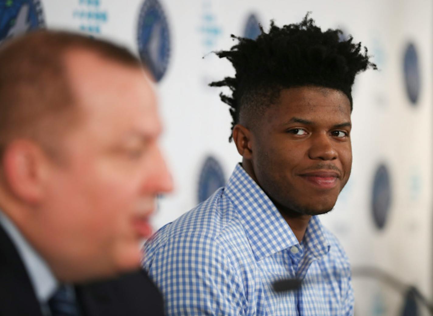 Justin Patton looks over at his new head coach, Tom Thibodeau as he speaks about Patton at a news conference, Tuesday, June 27, 2017. The Timberwolves' first-round draft pick sprouted from a 6-foot-1 point guard as a freshman in high school to a 7-foot center by the time he first stepped foot on campus at Creighton in his hometown of Omaha, Nebraska. Bluejays coach Greg McDermott had to slow things down for Patton. (Jeff Wheeler/Star Tribune via AP)