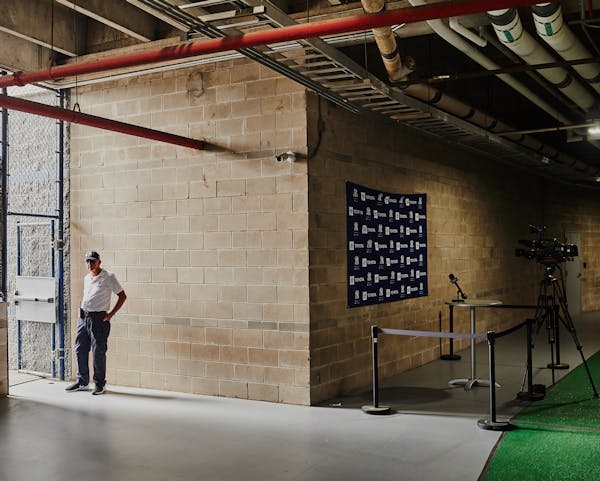 A roped-off interview area outside the clubhouse at the New York Yankees' spring training complex in Tampa, Fla.