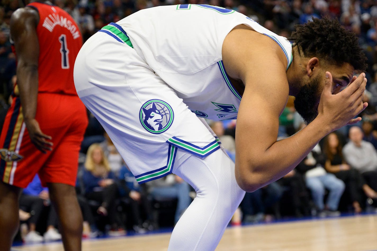 Minnesota Timberwolves center Karl-Anthony Towns (32) is dejected after missing a basket as he's fouled in the second half Wednesday, Jan. 3, 2024 at Target Center in Minneapolis, Minn.. ] AARON LAVINSKY • aaron.lavinsky@startribune.com