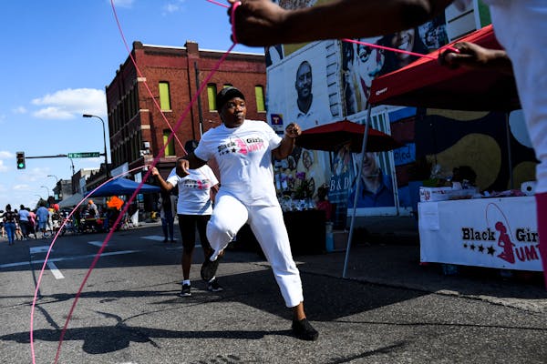 Danielle Burns, with “Black Girls Jump,” jumped rope Saturday during Open Streets West Broadway in 2018.