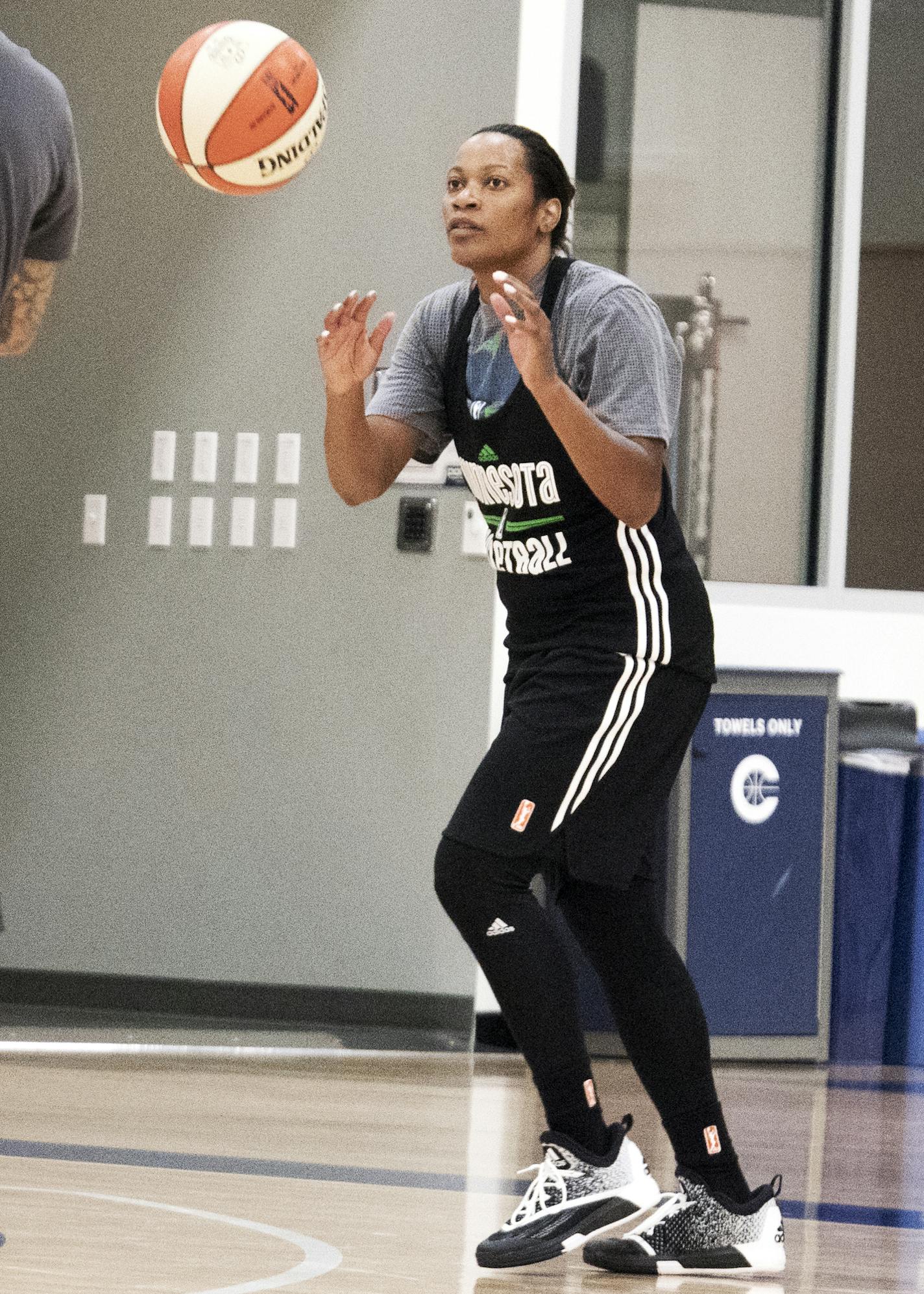 Jia Perkins runs drills during the Minnesota Lynx practice at Mayo Clinic Square in Minneapolis April 24, 2016. (Courtney Perry/Special to the Star Tribune)