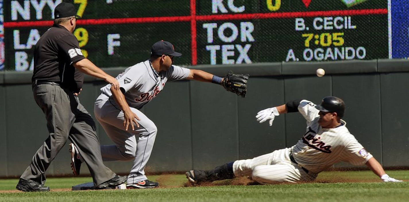 Twins designated hitter Jim Thome slid safely into second with a second-inning double ahead of the tag of Detroit shortstop Jhonny Peralta on Sunday.