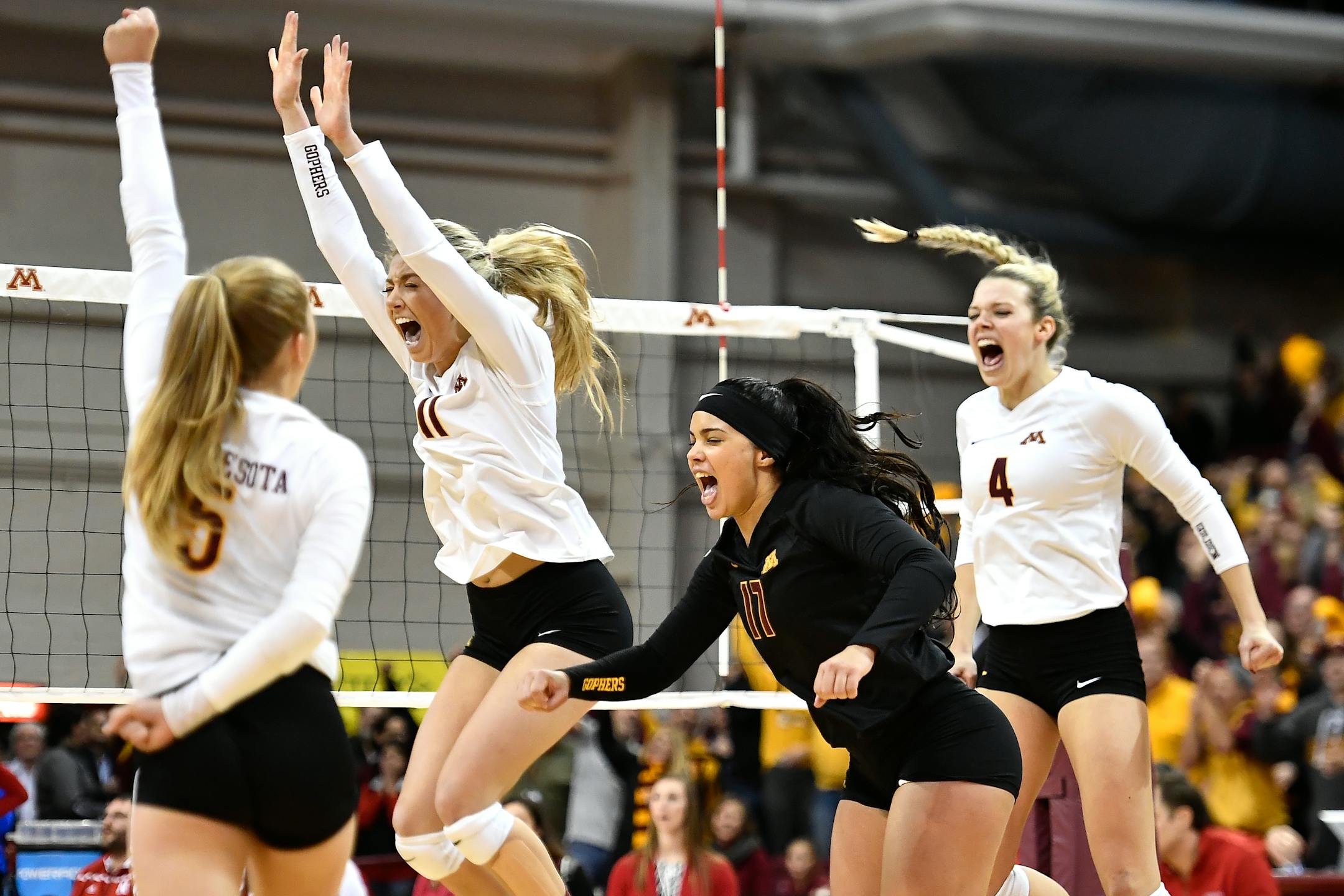 The Gophers volleyball team celebrated their 3-2 victory over Nebraska at the Sports Pavilion on Wednesday night. ] (AARON LAVINSKY/STAR TRIBUNE) aaron.lavinsky@startribune.com The University of Minnesota volleyball team played Nebraska on Wednesday, Nov. 23, 2016 at the University of Minnesota Sports Pavilion.