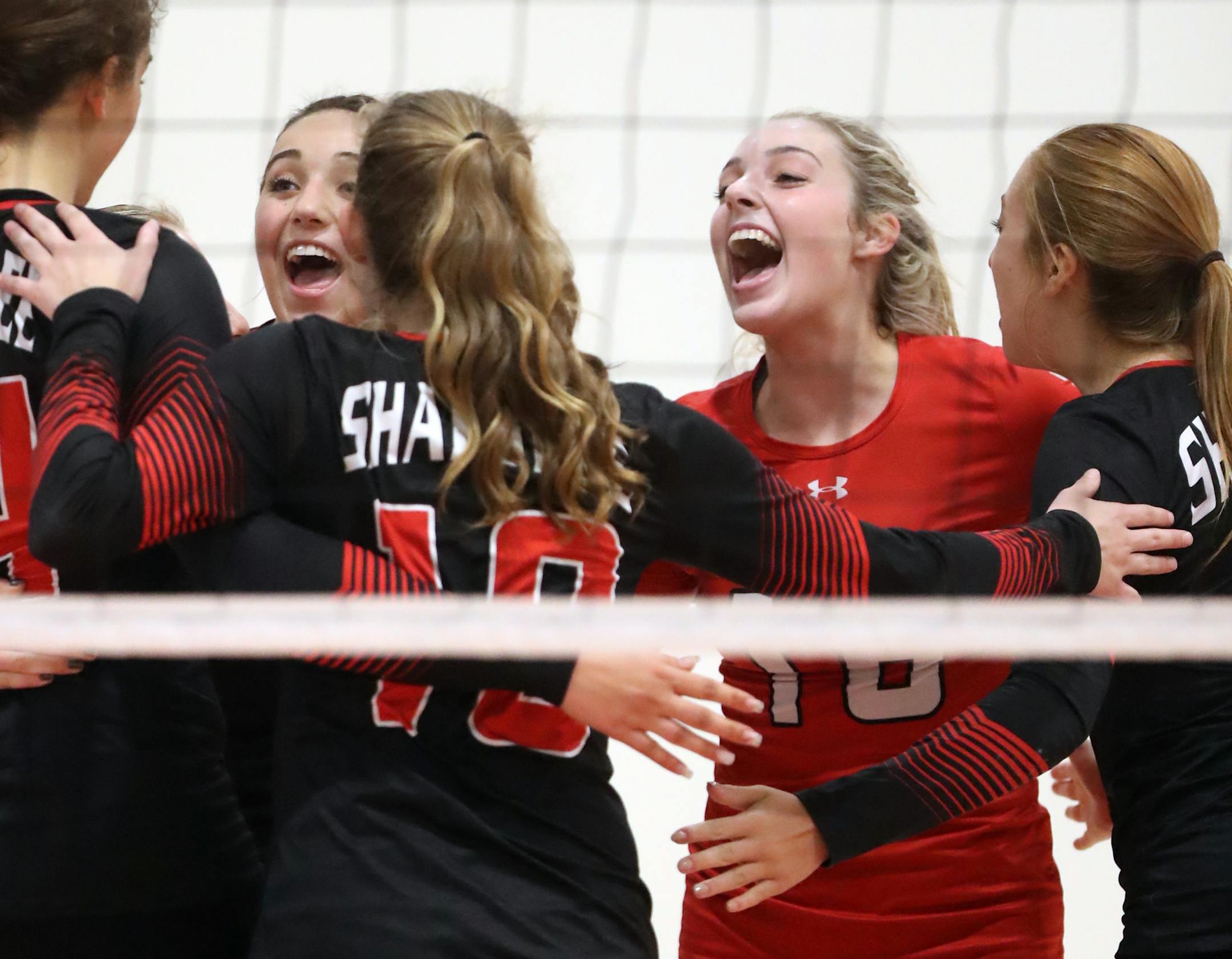 Rachel Kilkelly(1) and Maddie Wherley(16) celebrate a point. ]Shakopee's volleyball team will be hosting Minnetonka at the high school starting at 7 p.m. We need photos of Rachel Kilkelly, Maddie Wherley and Sam Sullivan.Richard Tsong-Taatarii ï richard.tsong-taatarii@startribune.com