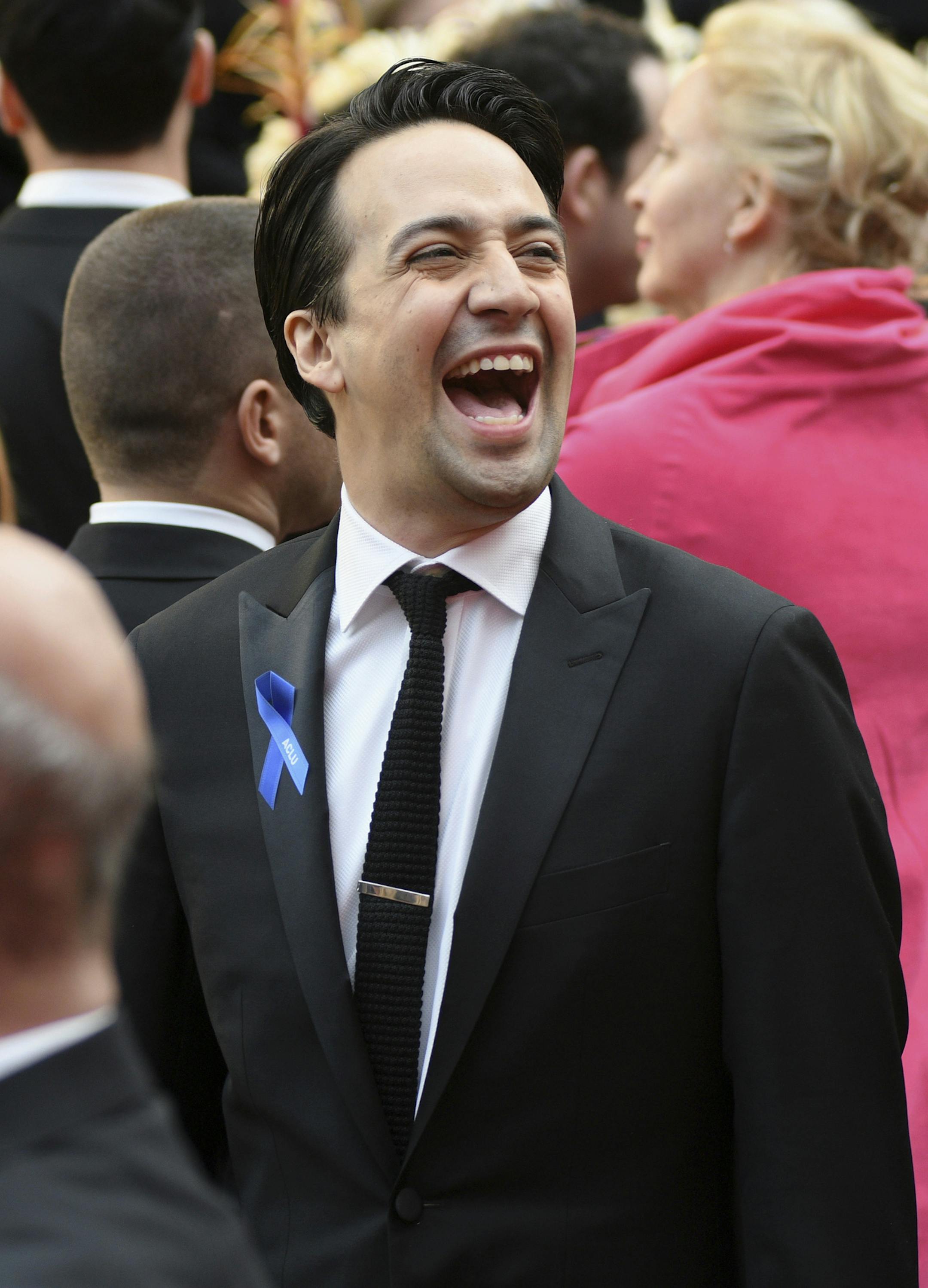 Lin-Manuel Miranda wears an ACLU ribbon as he arrives at the Oscars on Sunday, Feb. 26, 2017, at the Dolby Theatre in Los Angeles. (Photo by Al Powers/Invision/AP)