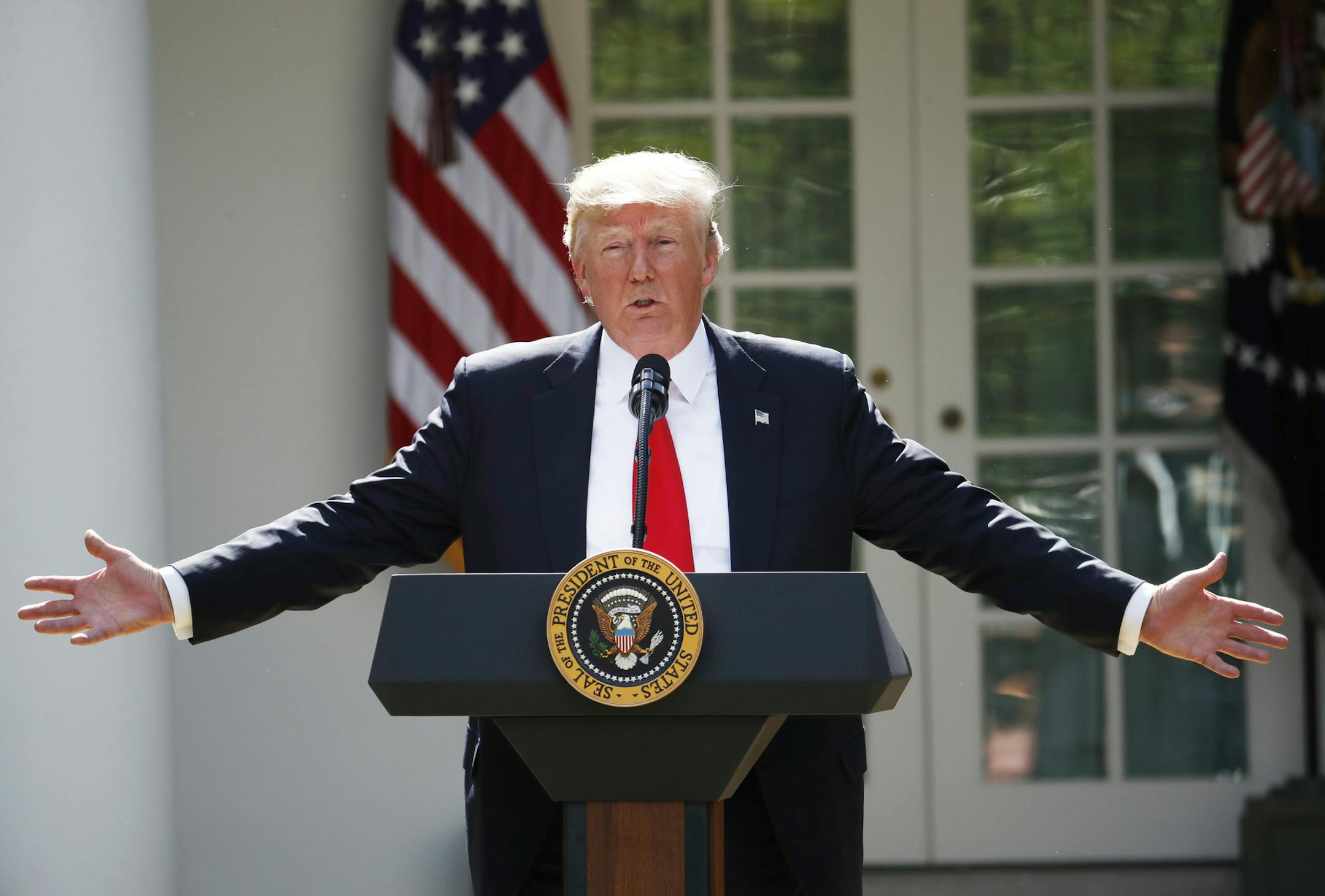 President Donald Trump speaks about the U.S. role in the Paris climate change accord, Thursday, June 1, 2017, in the Rose Garden of the White House in Washington. (AP Photo/Pablo Martinez Monsivais) ORG XMIT: DCPM212