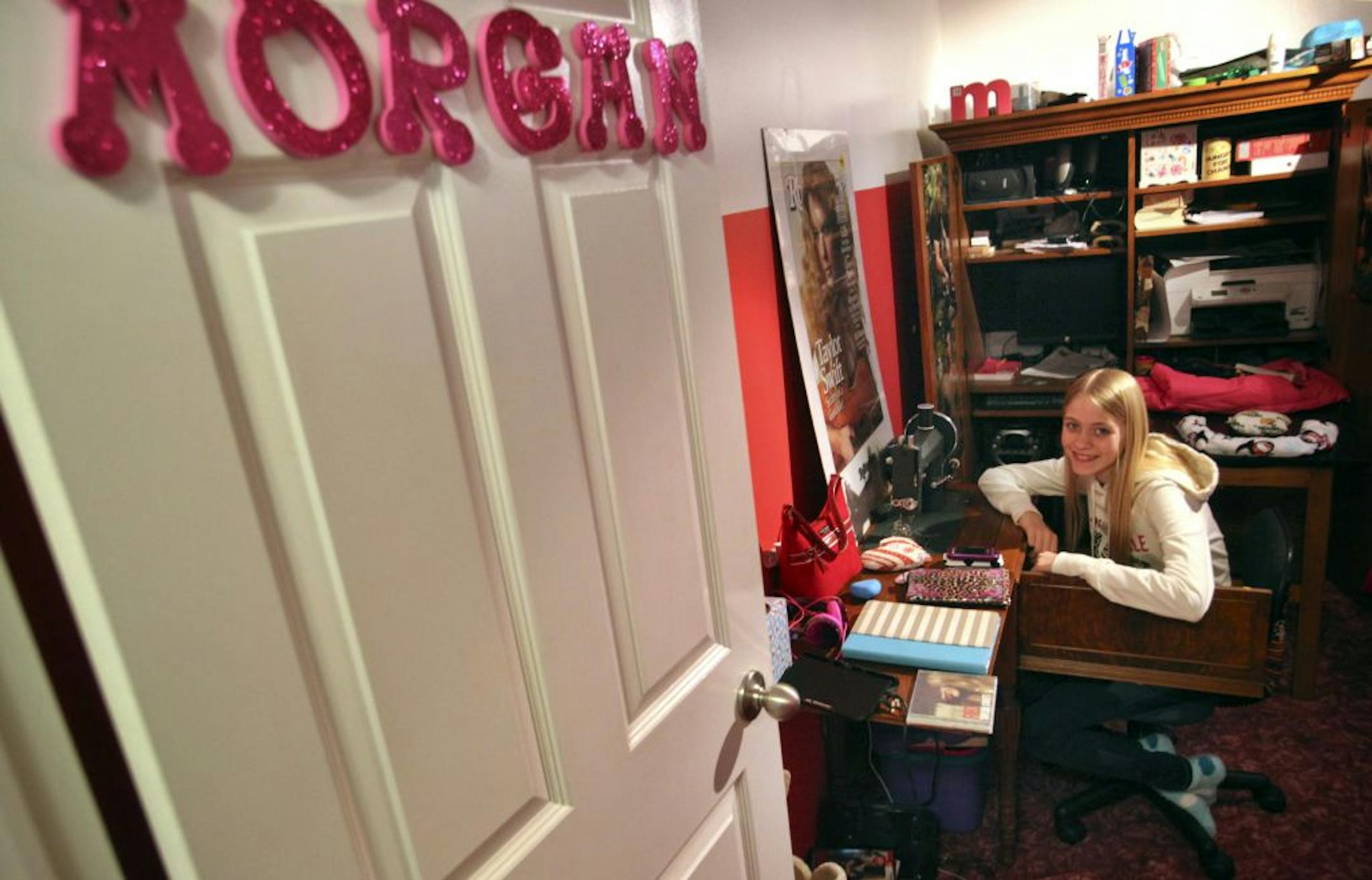 Morgan Rohwer, 12, a 7th grader at Valley Middle School, sits at a sewing machine in her bedroom where she makes her corn cozies Friday, Dec. 28, 2012, in Apple Valley, MN.