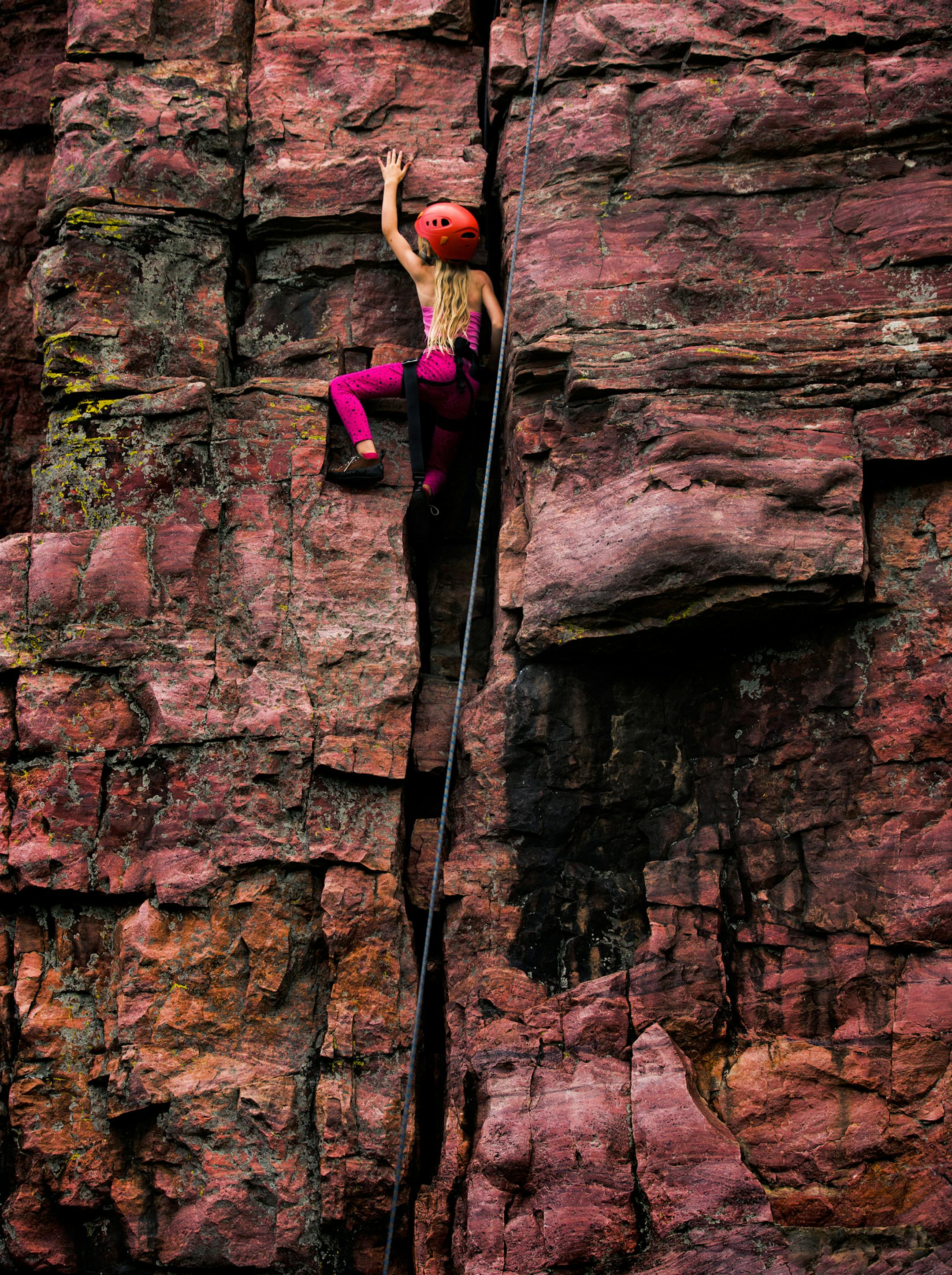 8-year-old Josie Hochsprung of Alexandria, climbs the Prairie Walls at Blue Mound State Park as part of the " I Can Climb" program that gives novices the chance to try out climbing with experienced instructors. ] Minnesota State of Wonders - Summer on the Prairie. BRIAN PETERSON • brian.peterson@startribune.com Luverne, MN 08/02/14 ORG XMIT: MIN1408071219243720