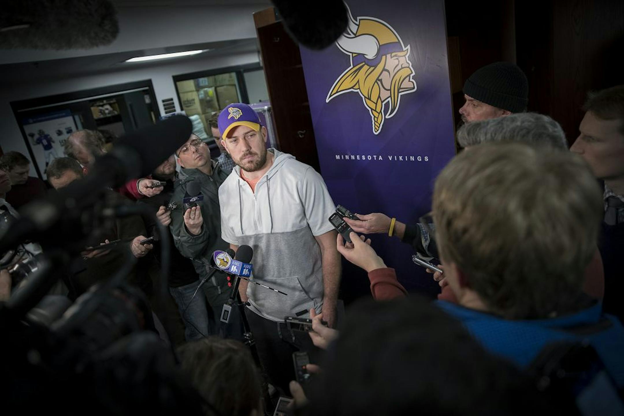 Minnesota Vikings quarterback Case Keenum briefly spoke to the media as he made his way to clean out his locker at Winter Park, Monday, January 22, 2018 in Eden Prairie, MN.