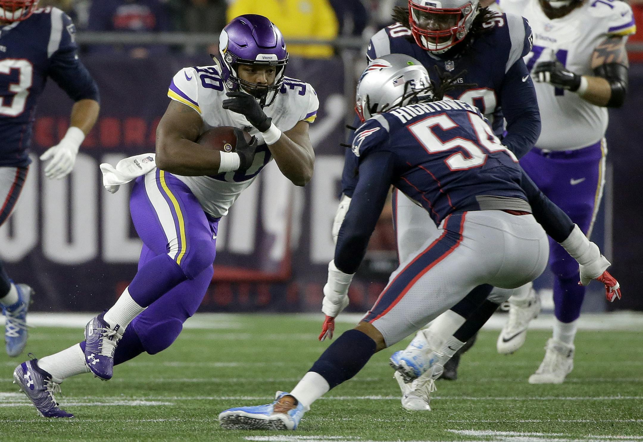 New England Patriots linebacker Dont'a Hightower (54) pursues Minnesota Vikings fullback C.J. Ham (30) during the first half of an NFL football game, Sunday, Dec. 2, 2018, in Foxborough, Mass. (AP Photo/Steven Senne)