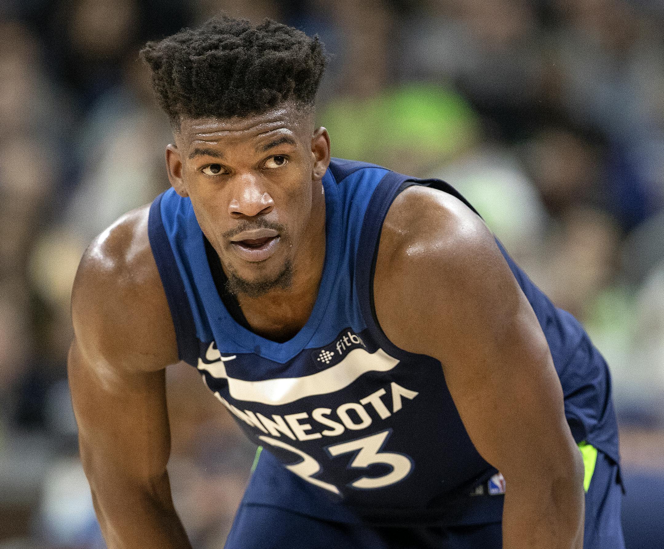 Minnesota Timberwolves Jimmy Butler (23). ] CARLOS GONZALEZ ï cgonzalez@startribune.com ñ April 21, 2018, Minneapolis, MN, Target Center, NBA Playoffs, Basketball, Minnesota Timberwolves vs. Houston Rockets, Game 3