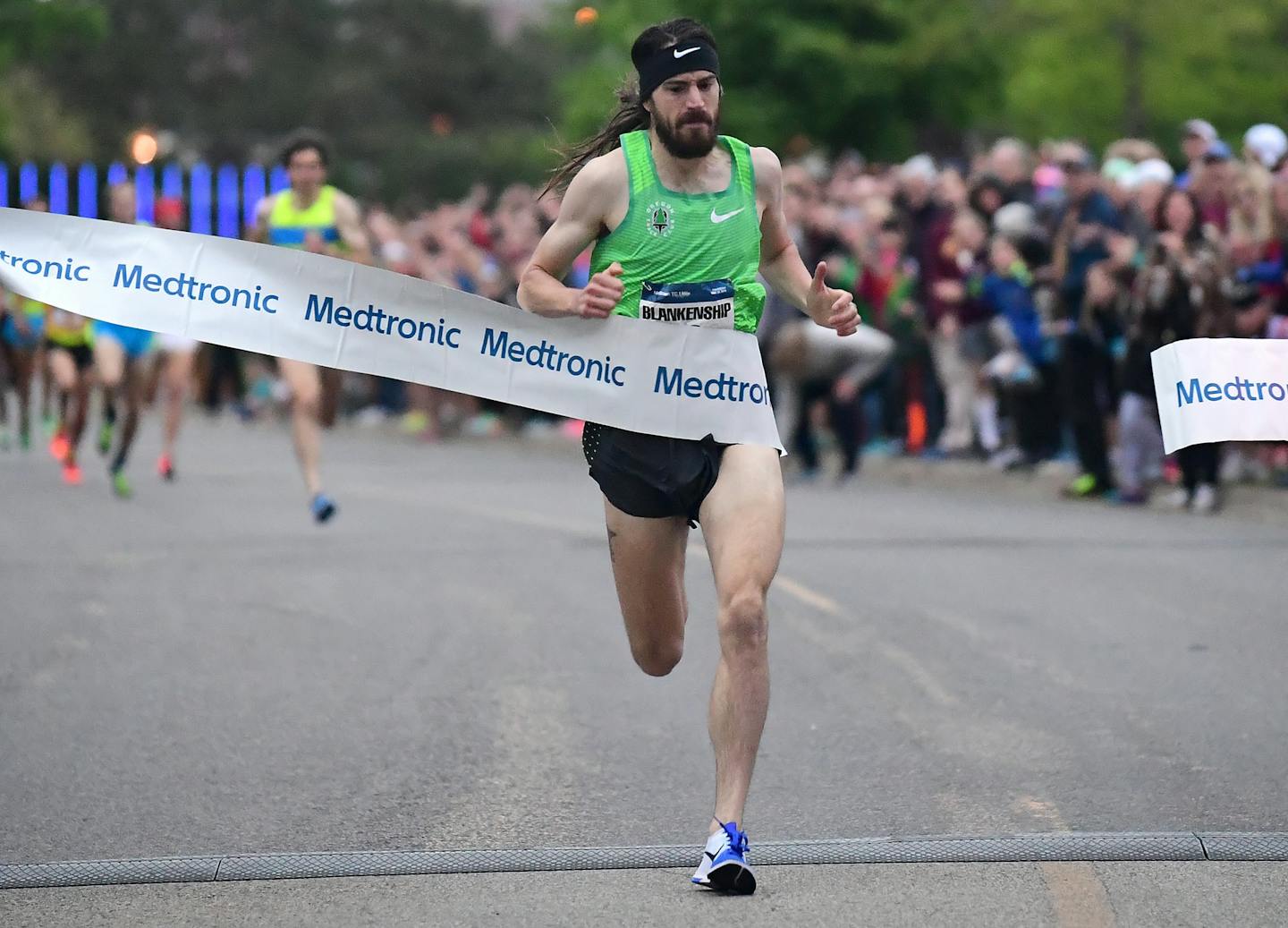 Stillwater native and former Gopher, Ben Blankenship, crossed the finish line first in the men's elite division of the USATF 1 Mile Road Championship Thursday with an unofficial time of 3.55.8. ] (AARON LAVINSKY/STAR TRIBUNE) aaron.lavinsky@startribune.com The USA Track and Field 1 Mile Road Championships, hosted by the Medtronic TC 1 Mile, was held in Minneapolis, Minn. on Thursday, May 12, 2016. ORG XMIT: MIN1605122043417160