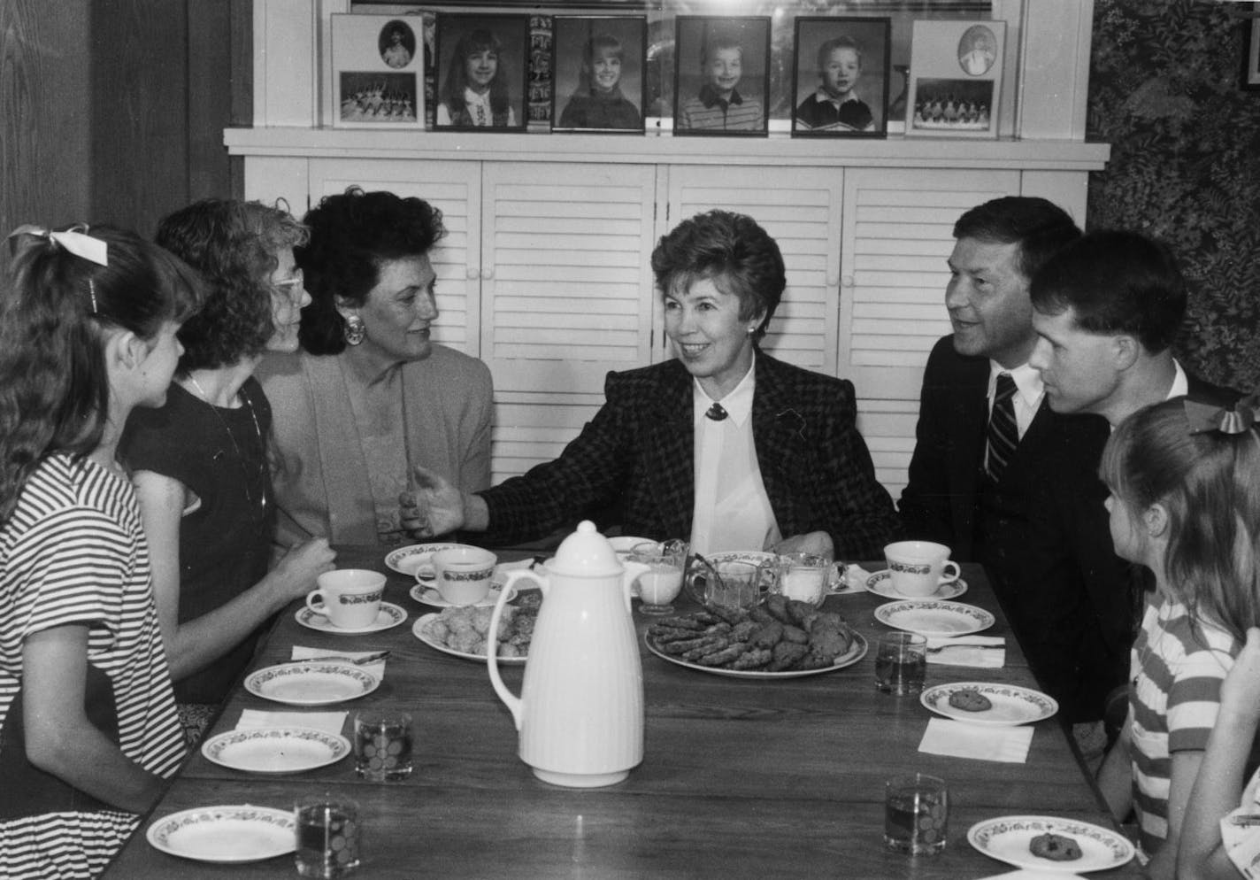 Raisa Gorbachev, the wife of the last Soviet leader, Mikhail S. Gorbachev, visits the Karen and Steve Watson family at their south Minneapolis home during the Gorbachev trip to Minneapolis in June 1990. Mrs. Gorbachev, 67, died Monday Sept. 20, 1999, of leukemia. Media pool photo - for AP, the Star Tribune, and others - by AP photographer Larry Salzman, June 3, 1990.