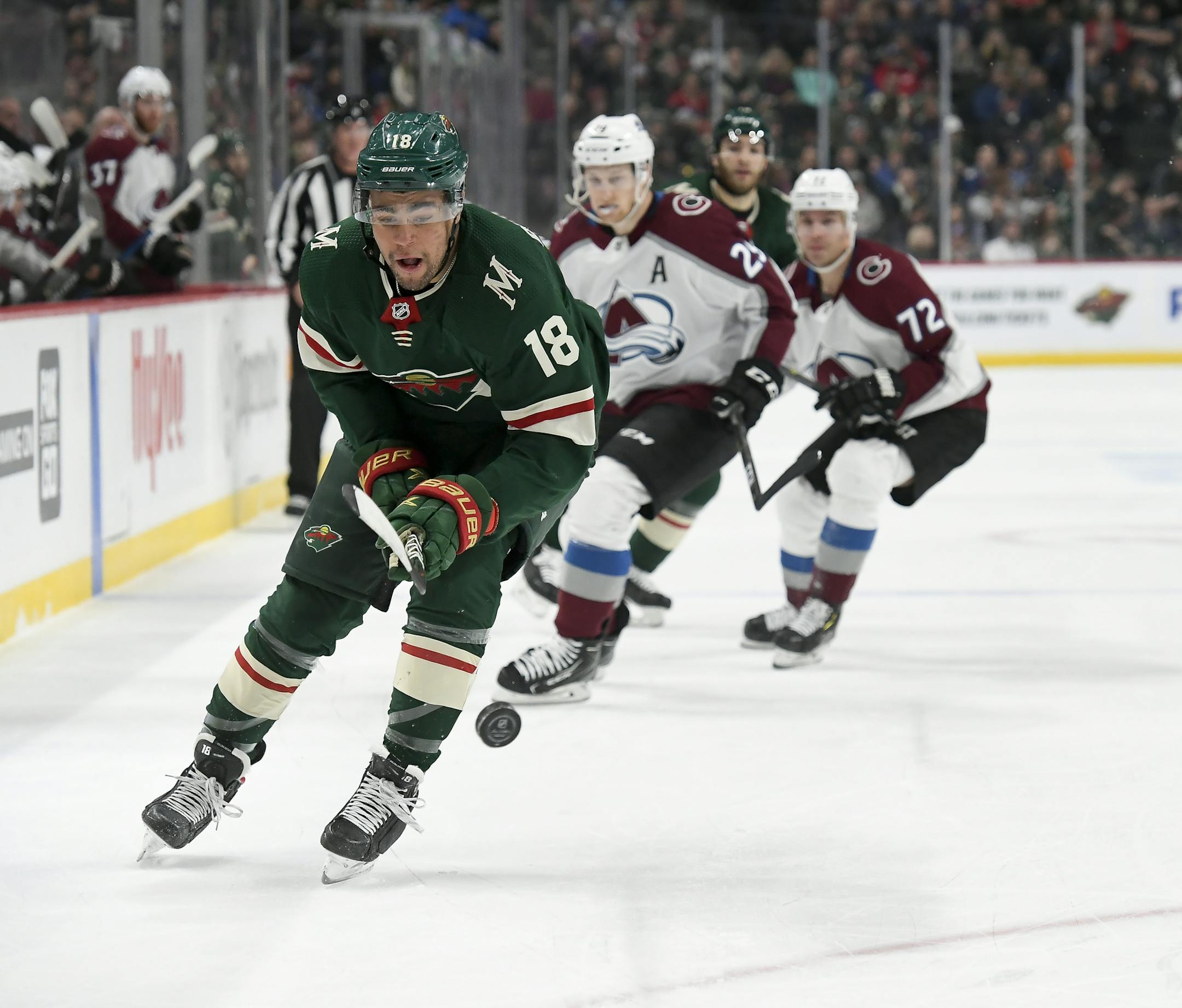 Minnesota Wild left wing Jordan Greenway (18) controlled the puck in the first period against the Colorado Avalanche. ] Aaron Lavinsky • aaron.lavinsky@startribune.com The Minnesota Wild played the Colorado Avalanche on Thursday, Nov. 21, 2019 at the Xcel Energy Center in St. Paul, Minn.