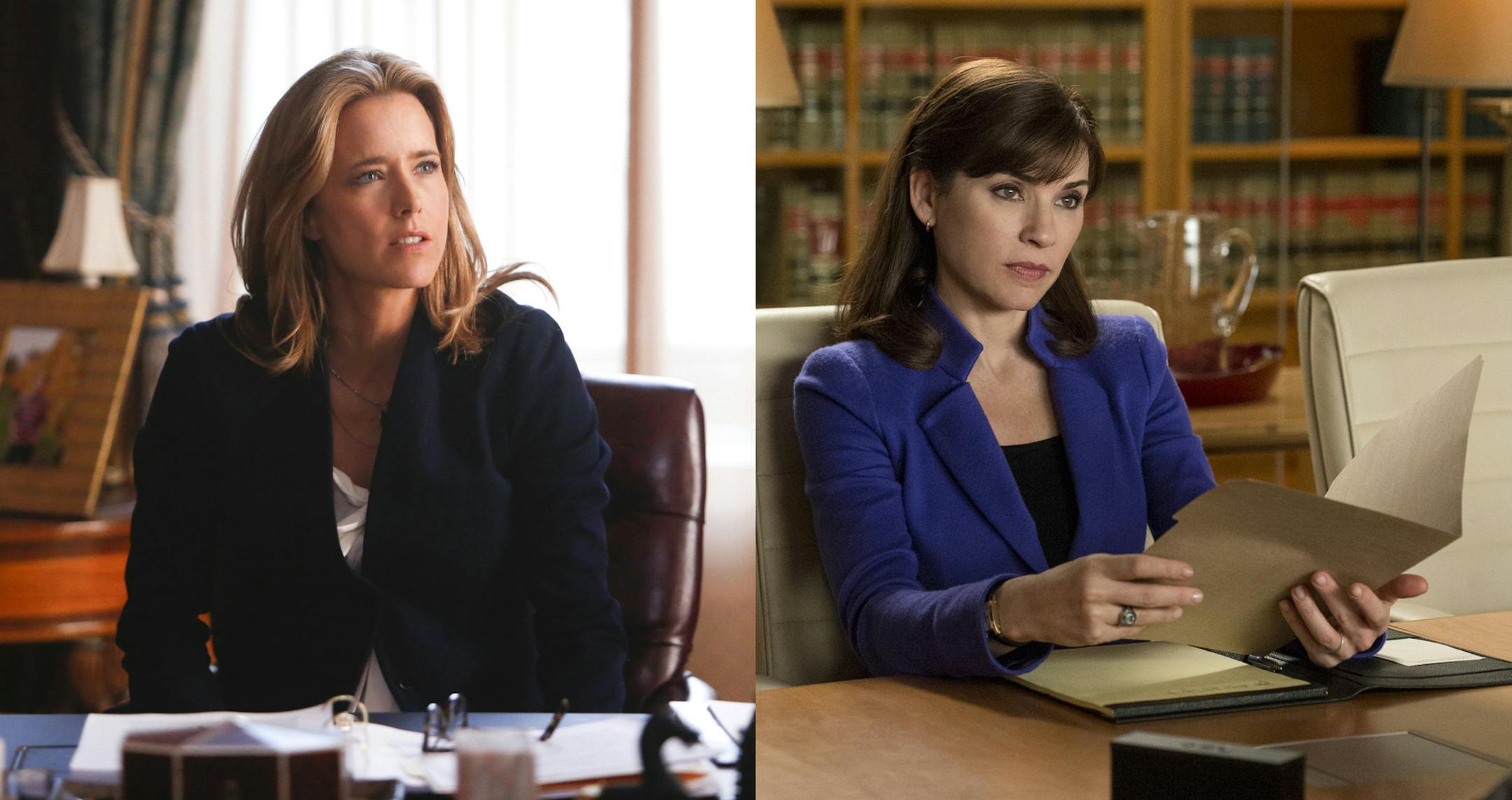 Craig Blankenhorn/CBS/AP/David Giesbrecht/CBS/AP This image released by CBS shows Tea Leoni as Elizabeth McCord, the shrewd, determined, newly appointed Secretary of State in "Madam Secretary." Julianna Margulies as Alicia Florrick in a scene from "The Good Wife." ORG XMIT: MIN2014092310470932