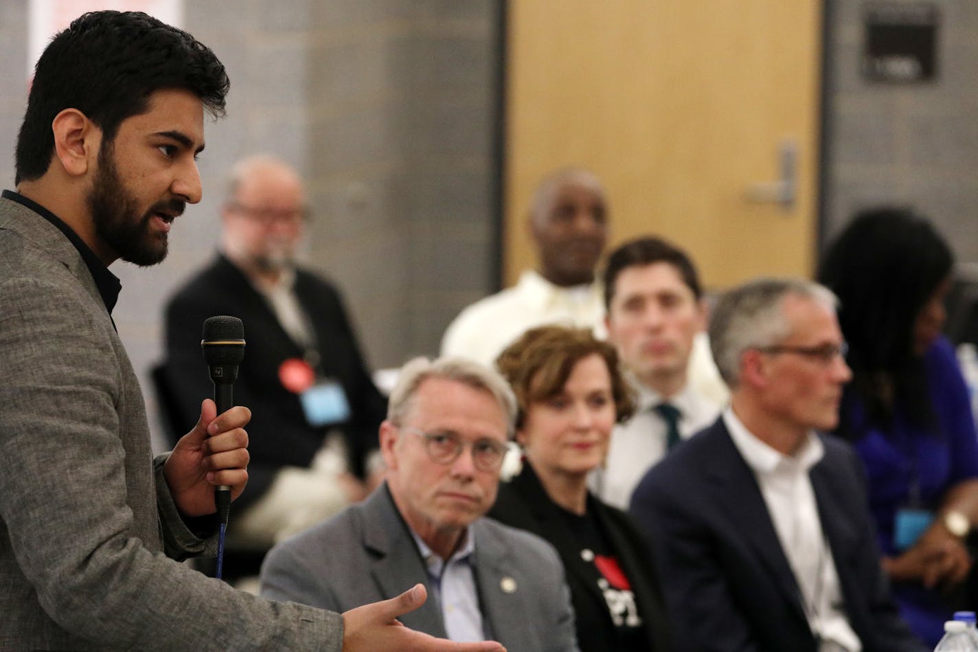 Candidate Aswar Rahman spoke about the arts. ] ANTHONY SOUFFLE � anthony.souffle@startribune.com Candidates participated in a mayoral forum Saturday, April 15, 2017 at Herbert M. Hanson Jr. Hall on the grounds of the University of Minnesota in Minneapolis.