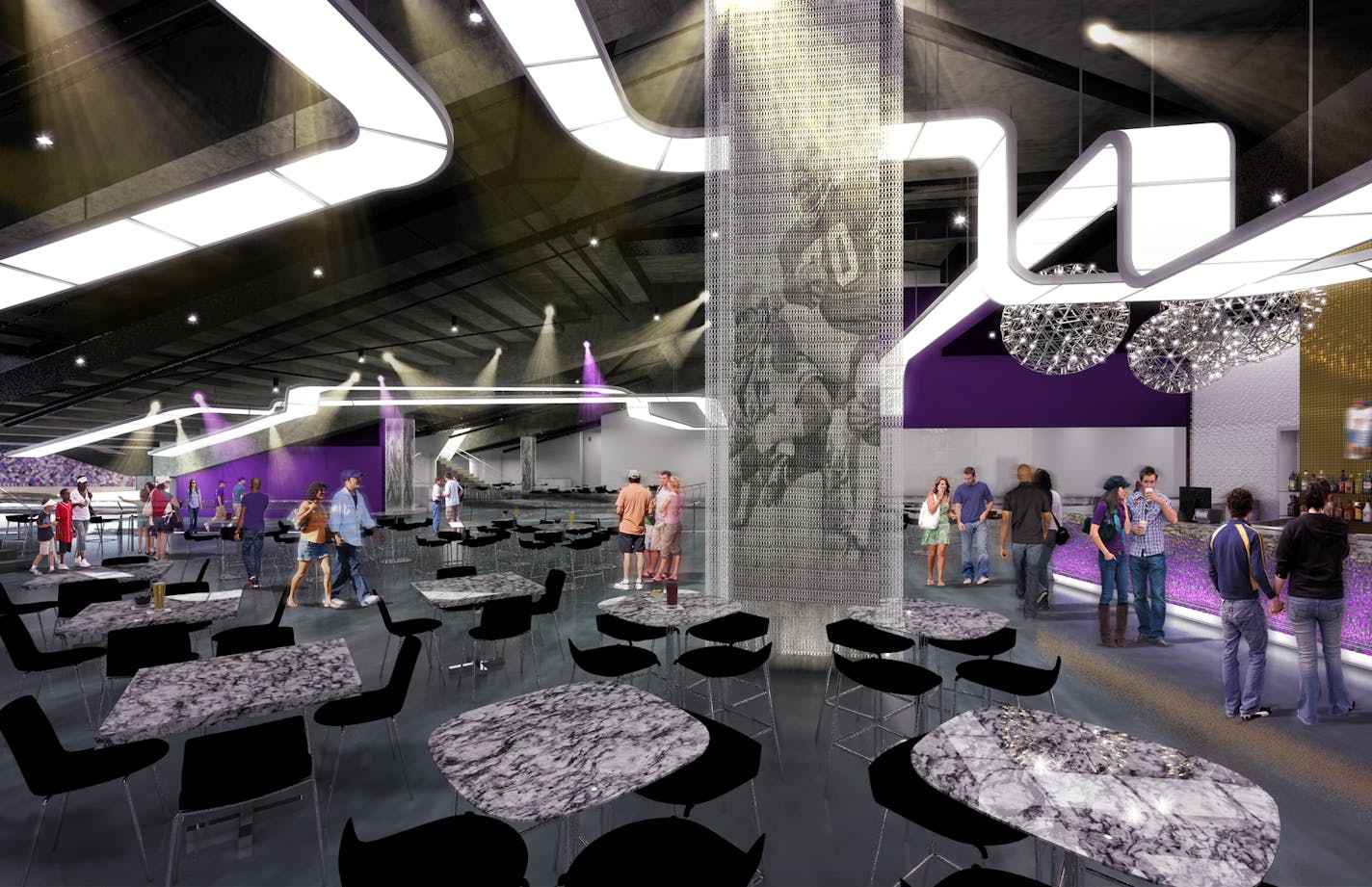 Rendering shows a prospective design for the field-level bar and viewing area for which Delta Air Lines will become the name sponsor at Minnesota Vikings games at U.S. Bank Stadium.