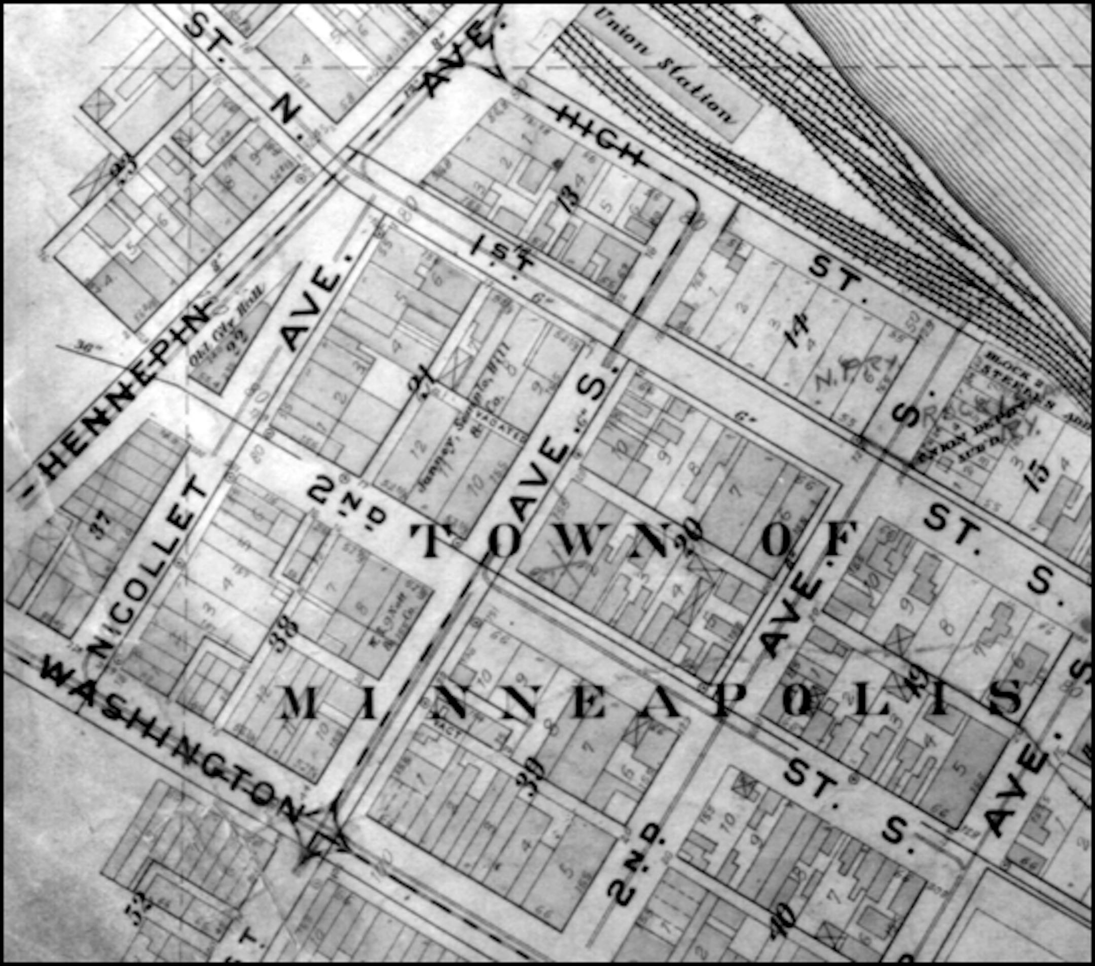 Portion of a 1903 map of downtown Minneapolis. Neighborhood: Central
Mpls MN
View: Reproduction from another medium
Source: Atlas of Minneapolis 1903 Plate A
Format: neg
Year:	1903
Decade: 1900s
Subject(s): Maps