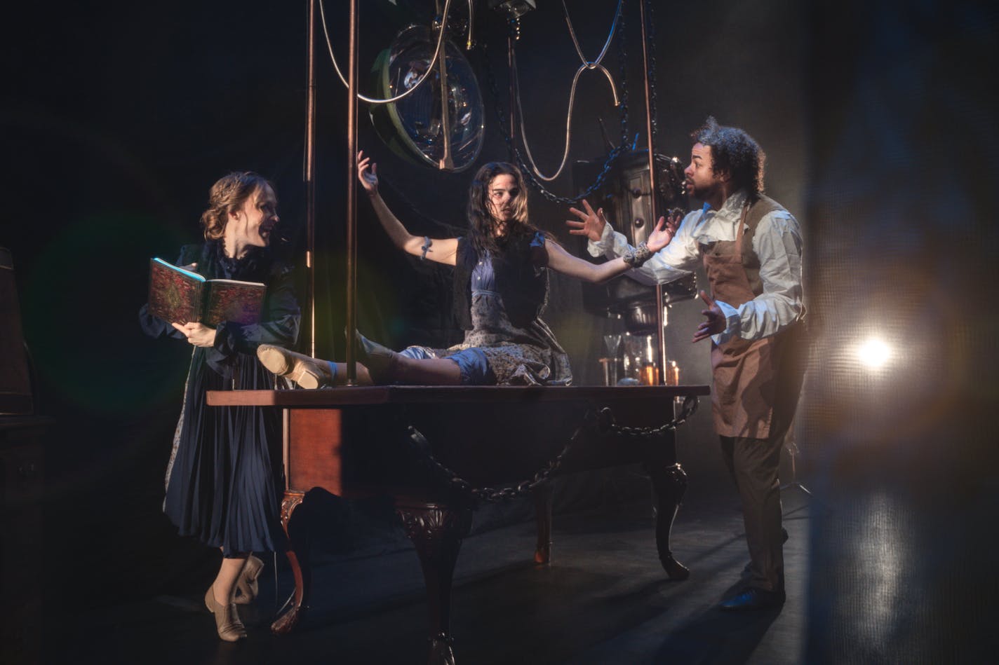 "Mary Shelley's Frankenstein" at Collide Theatrical Dance Company features, from left, Betsy Nelson as Shelley, Renee Guittar as the Creature and Patrick Jeffrey as Dr. Frankenstein.