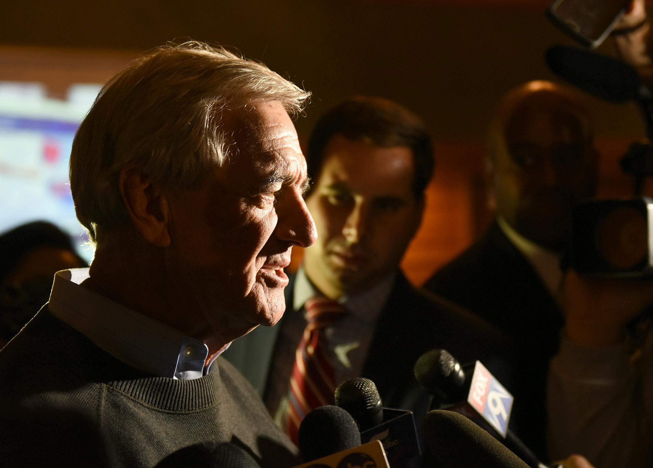 Eighth District DFL Congressman Rick Nolan talks to reporters early Wednesday morning at the Arrowwood Lodge in Baxter. The race with Stewart Mills III is close and Nolan said he would just head to bed and see what the outcome will be Wednesday. (Steve Kohls/ Brainerd Dispatch