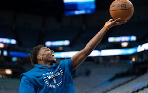 Timberwolves guard Anthony Edwards (5) warms up before facing the Golden State Warriors in Game 2 of their NBA Western Conference playoff semifinal se