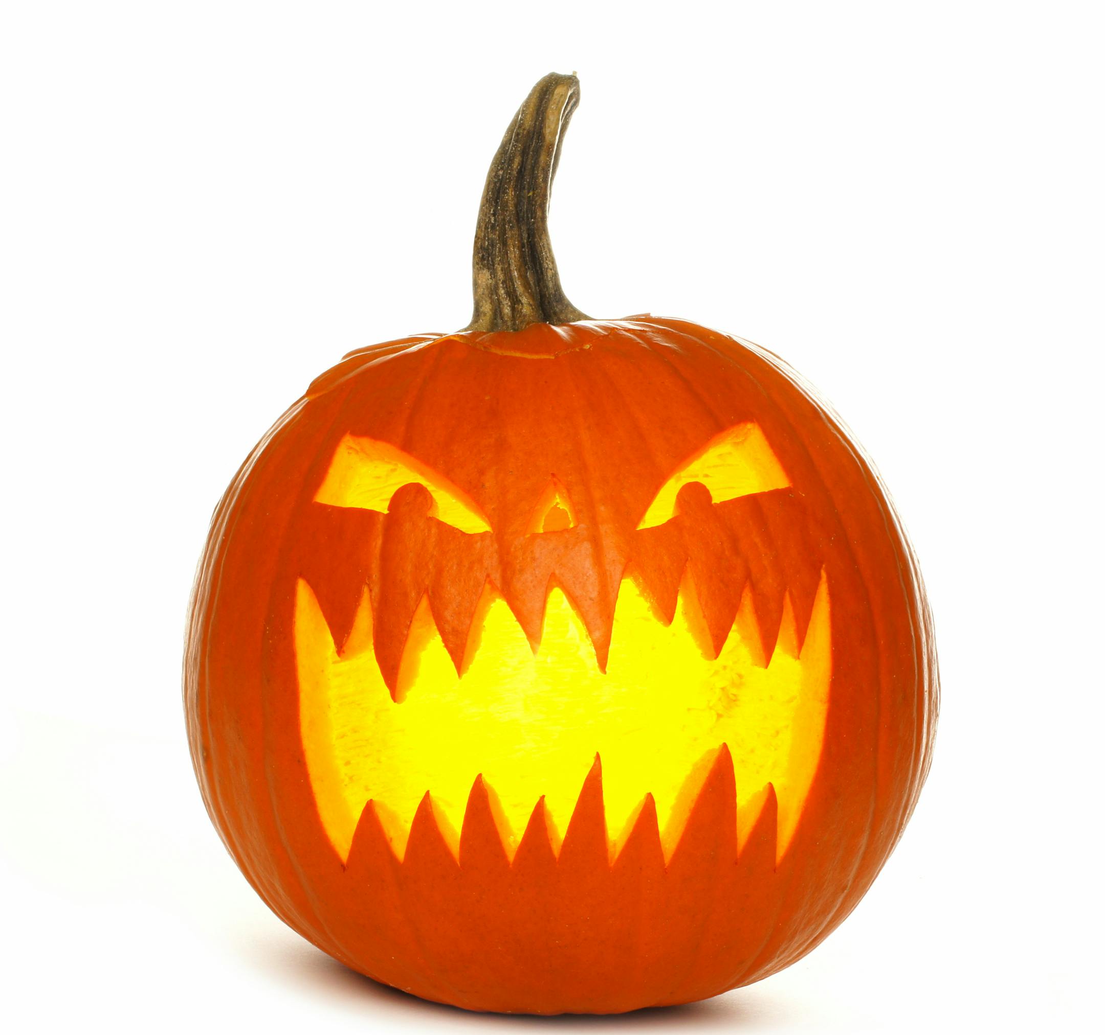 Single illuminated Halloween Jack o Lantern isolated on a white background
istock photo