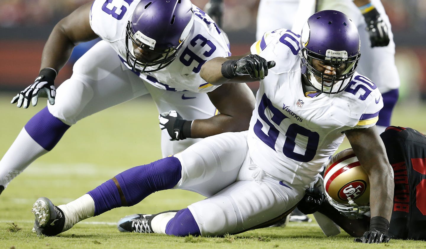 Minnesota Vikings Shamar Stephen (93) and Gerald Hodges Jr. (50). ] CARLOS GONZALEZ cgonzalez@startribune.com - September 14, 2015, Levi's Stadium, Santa Clara, CA, NFL, Minnesota Vikings vs. San Francisco 49ers, Monday Night Football ORG XMIT: MIN1509151817401546