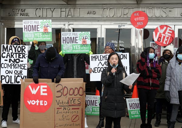Housing Equity Now St. Paul, the group that petitioned and campaigned for rent control, held a news conference in February to ask city staff and elect