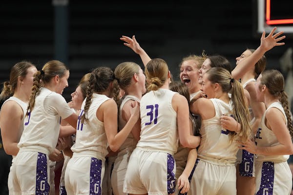 Goodhue players celebrate as time expires in the Class 1A state championship game.