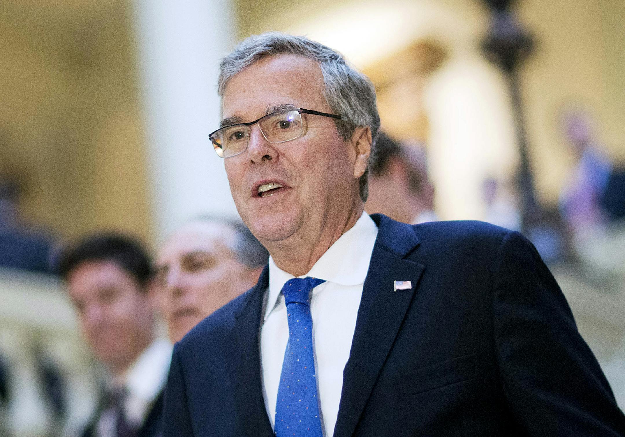FILE - In this March 19, 2015 file photo, former Florida Gov. Jeb Bush visits the Georgia Capitol in Atlanta. Republicans hoped to avoid a debate over social issues heading into the next presidential contest. Yet the backlash over a so-called religious freedom law in Indiana is highlighting the party’s overwhelming opposition to same-sex marriage and forcing the GOP’s leading presidential contenders to weigh in. “I think Gov. Pence has done the right thing,” former Fl