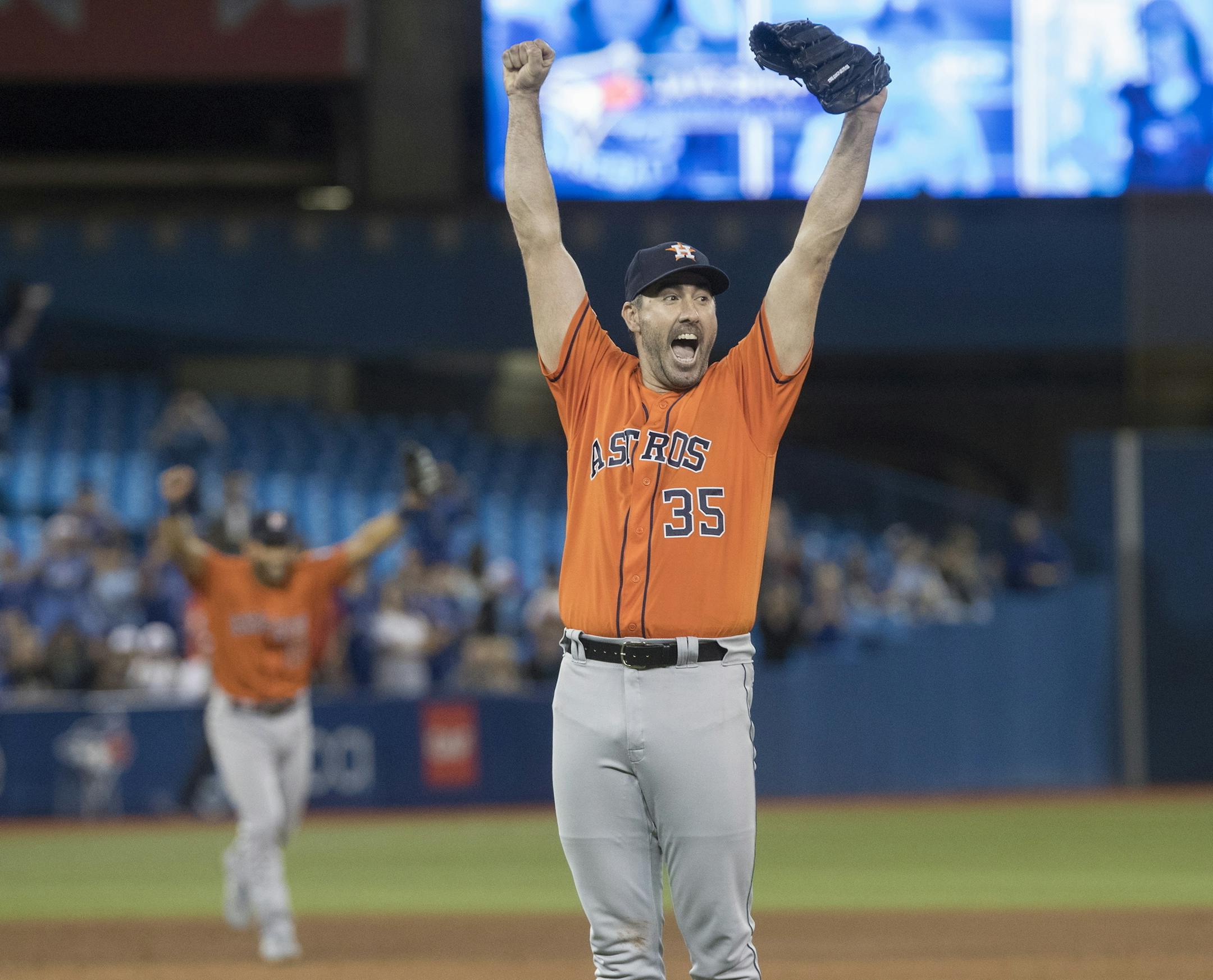 Houston Astros starting pitcher Justin Verlander reacts after pitching a no-hitter against the Toronto Blue Jays in a baseball game in Toronto, Sunday, Sept. 1, 2019. (Fred Thornhill/The Canadian Press via AP)