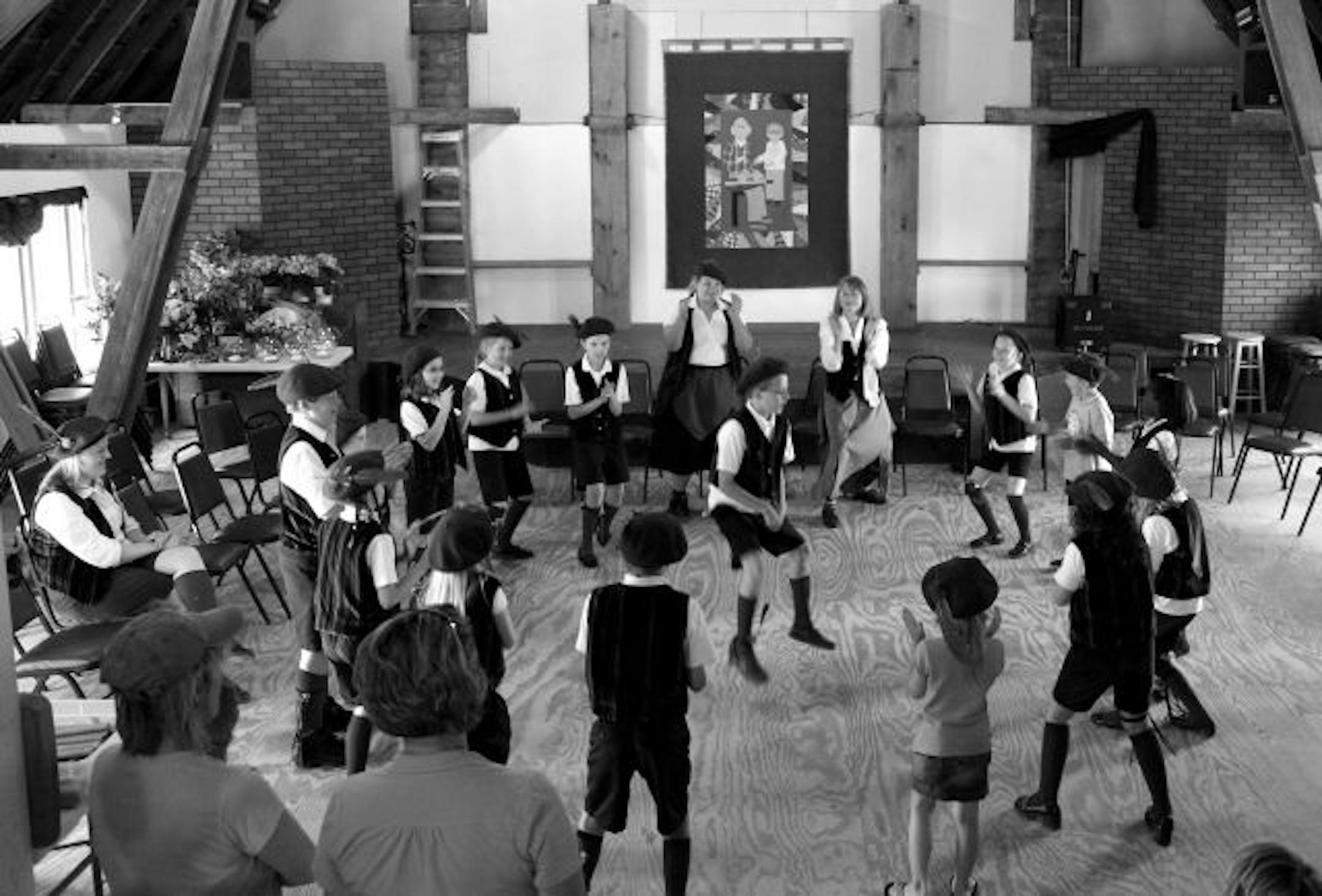 A group of Celtic Dancers kick up their heels in the third floor concert hall in the Hobgoblin Barn during a recent Celtic fest.
