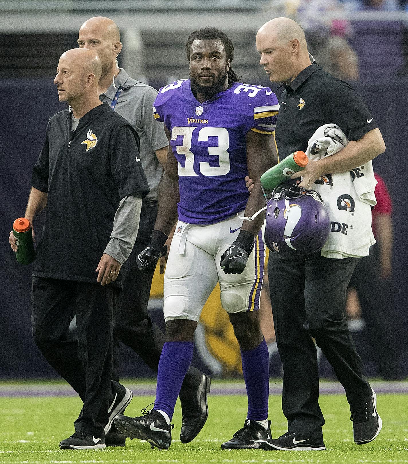 Minnesota Vikings running back Dalvin Cook was hurt on a play in the third quarter. ] CARLOS GONZALEZ &#xef; cgonzalez@startribune.com - October 1, 2017, Minneapolis, MN, NFL, US Bank Stadium, Minnesota Vikings vs. Detroit Tigers