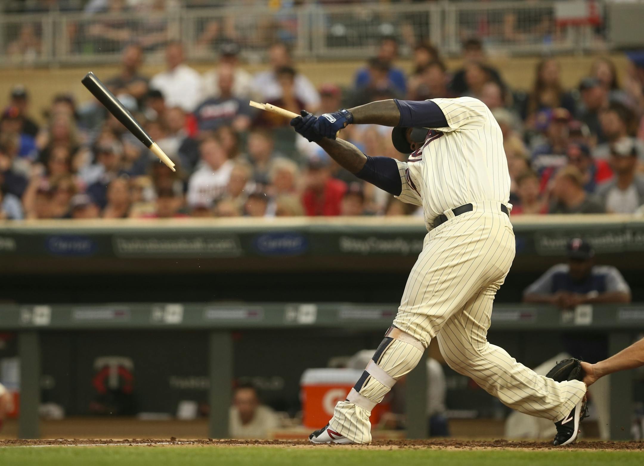 Minnesota Twins first baseman Miguel Sano broke his bat while grounding into a double play in the third inning.