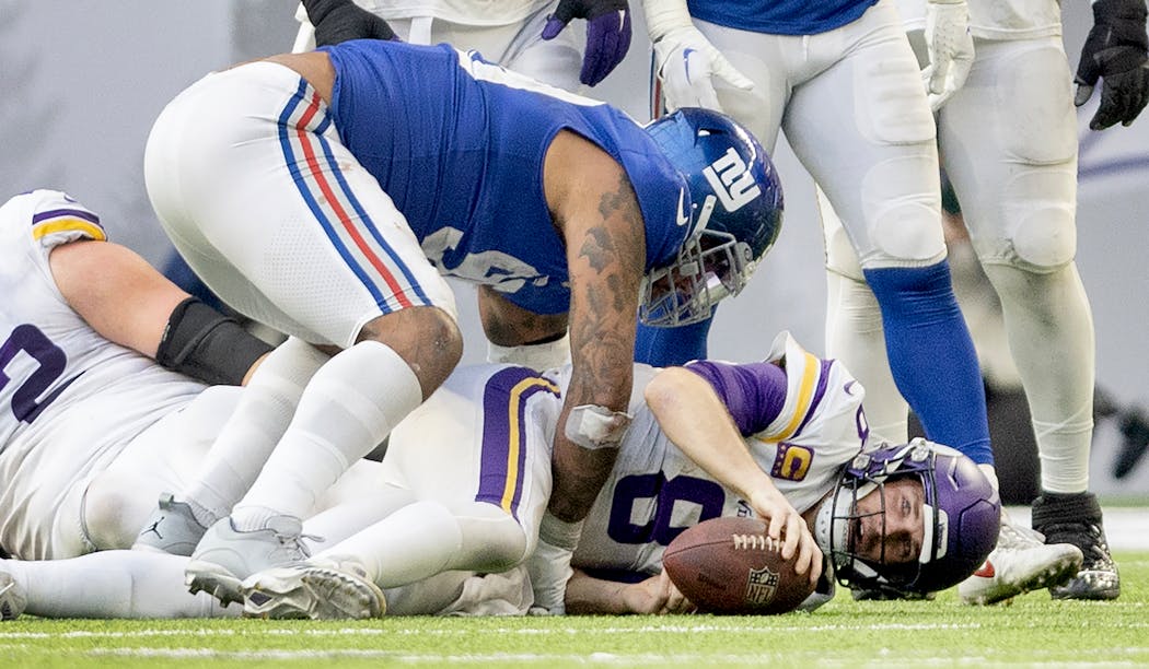Vikings quarterback Kirk Cousins also took plenty of hits in the first meeting with the Giants this season.