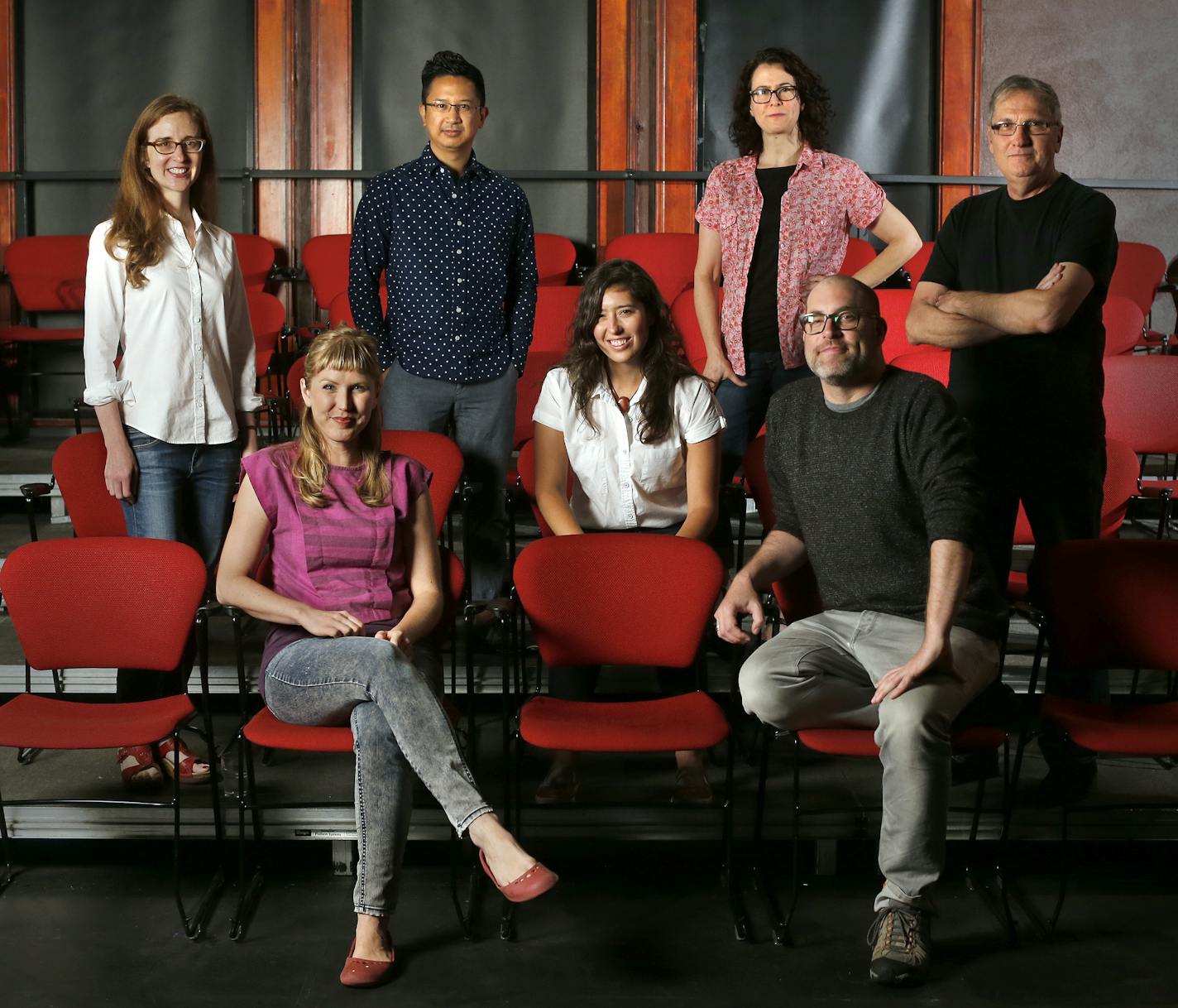 From Left, front row, Rachel Jendrzejewski, Playwright, Red eye, Jessica Huang Playwright MU, Jeremy Cohen, PWC, Back row, Haley Finn, PWC, Randy Reyes, MU, Carson Kreitzer, Lasso of Truth with Marin Theater Co., Steve Busa, Red Eye. A gathering of playwrights around center director Jeremy Cohen. Quietly and without much fuss, the Playwrights' Center in Minneapolis has become an essential part of play-making in the country, nurturing playwrights from their first lonely lines on through to full p