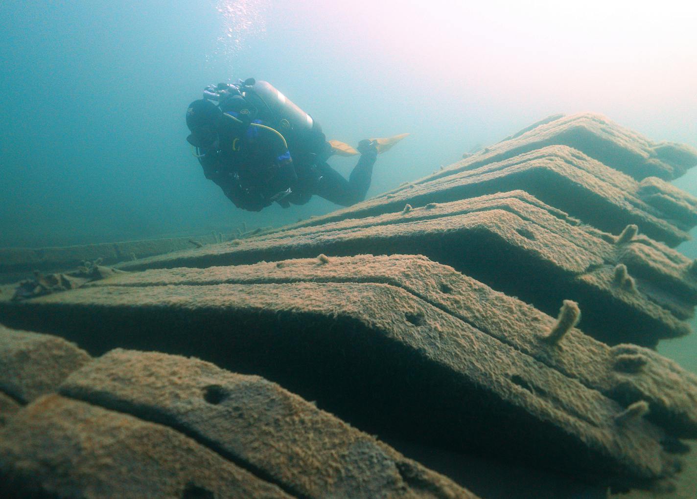 Jack Decker, a diver with the Great Lakes Shipwreck Preservation Society from Clear Lake, Iowa, swam among the remains of the Hesper. ] ANTHONY SOUFFLE &#x2022; anthony.souffle@startribune.com The scuba divers of the Great Lakes Shipwreck Preservation Society dove the two most accessible shipwrecks, the Hesper, a bulk-freighter steamship that sank in Lake Superior on May 4, 1905 off Silver Bay and the Madeira, a schooner barge that sank in Lake Superior on November 28, 1905 near Split Rock Light