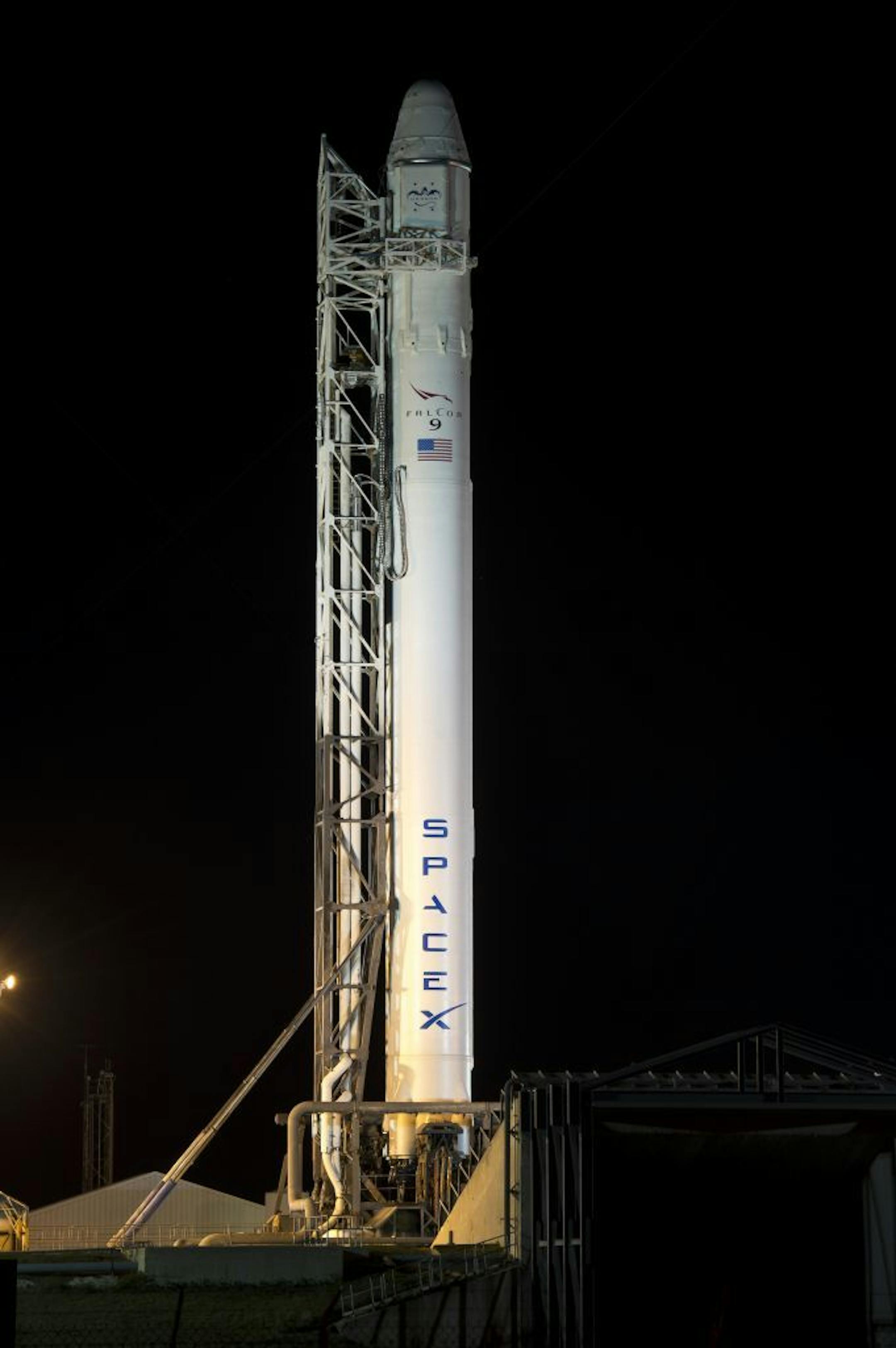 In a photo provided by NASA, the SpaceX Falcon 9 rocket, with it's Dragon spacecraft onboard, is seen shortly after it was erected at Launch Complex 40 at the Cape Canaveral Air Force Station in Florida on Friday, March 1, 2013.