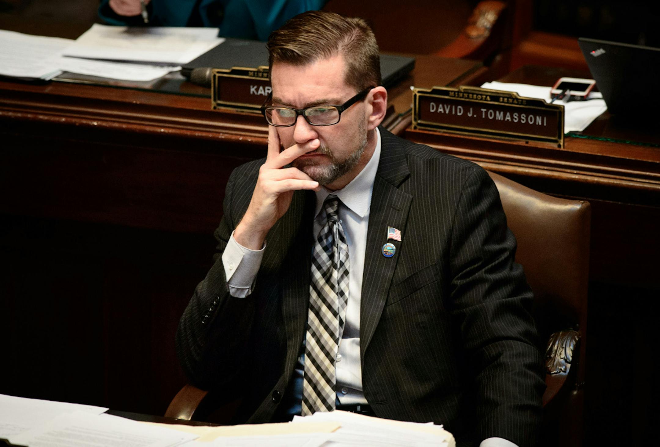 Anti-bullying bill sponsor Sen. Scott Dibble listened as GOP Senators offered amendments to his bill. ] GLEN STUBBE * gstubbe@startribune.com Thursday, April 3, 2014.