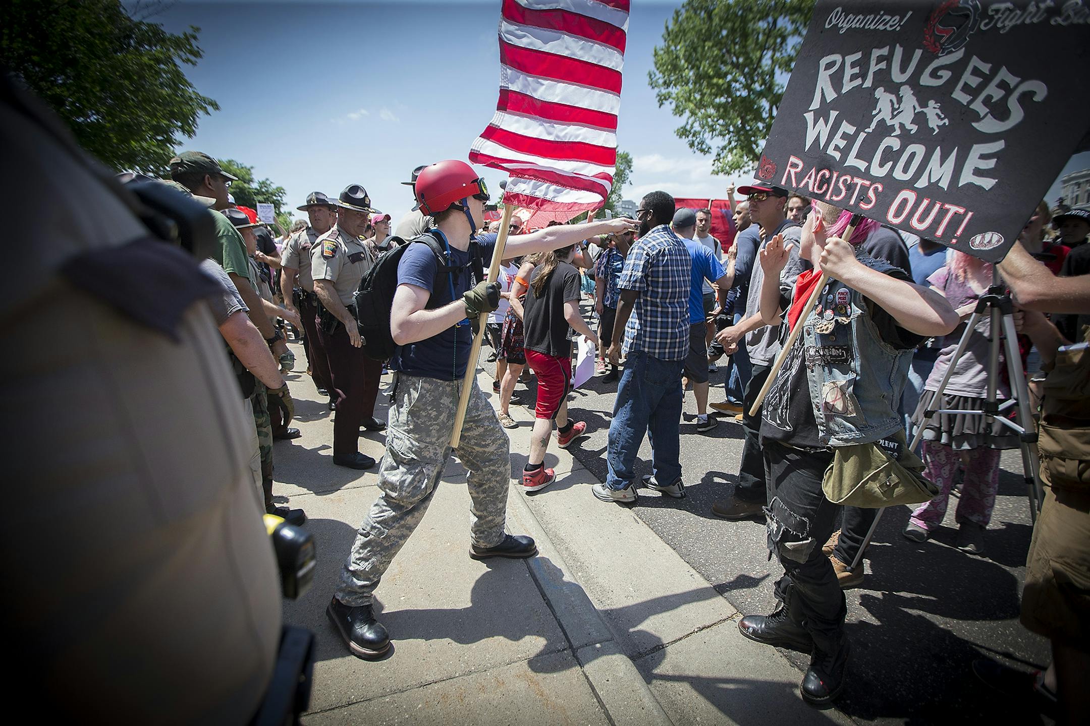 An anti-Sharia law group and antifascist protesters clashed during dueling rallies at the Minnesota State Capitol, Saturday, June 10, 2017 in St. Paul, MN. When a small faction of the anti-sharia group challenged the protesters outside, the Minnesota State Patrol had to intervene.