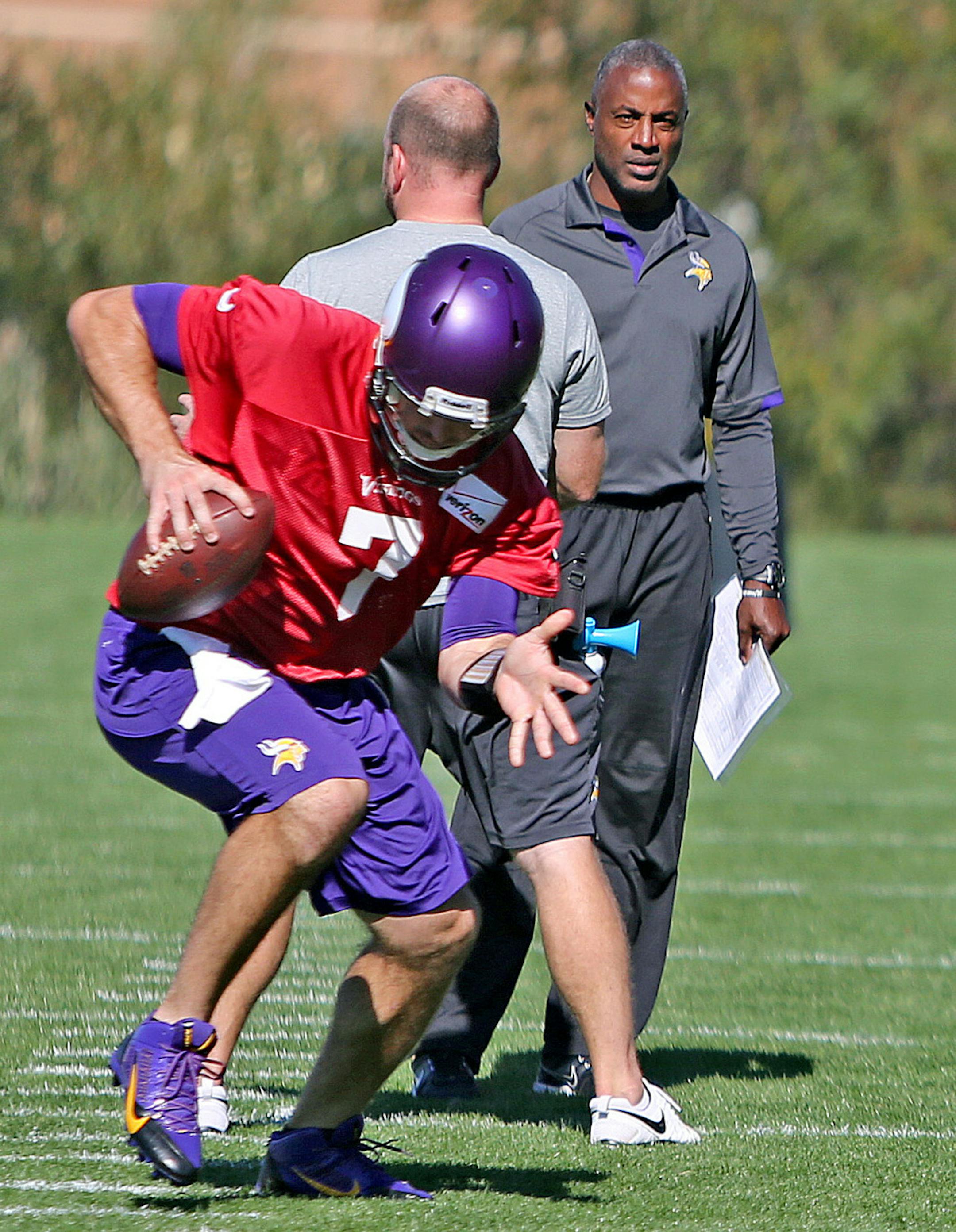 Minnesota Vikings new quarterback watched the moves of Christian Ponder at Winter Park, Wednesday, October 9, 2013 in Eden Prairie, MN. (ELIZABETH FLORES/STAR TRIBUNE) ELIZABETH FLORES • eflores@startribune.com