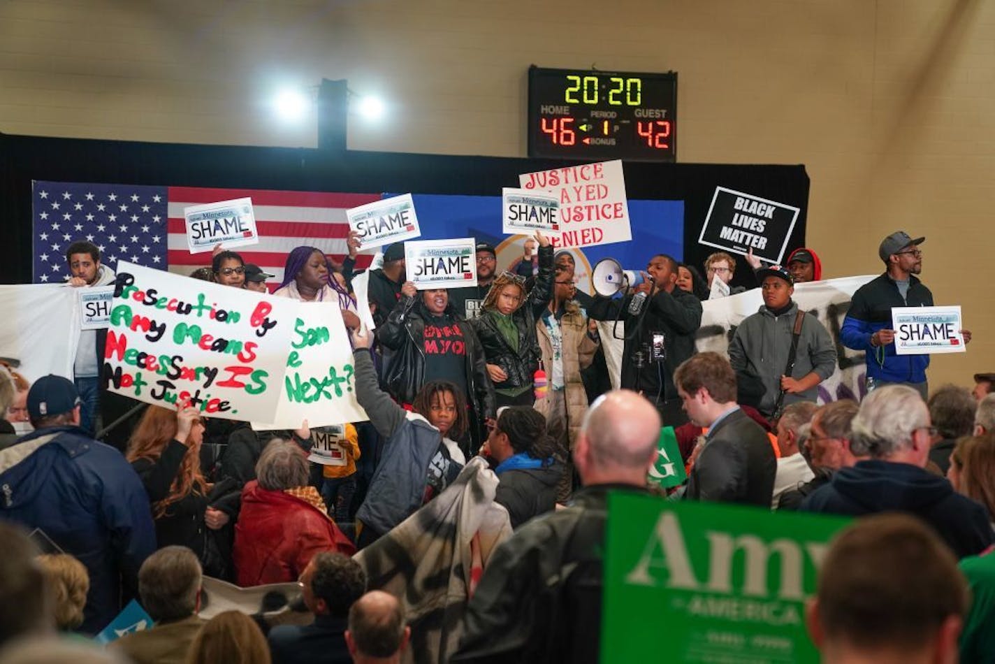 Protesters shouting "Free Myon" and "Black Lives Matter" took over the stage before Sen. Amy Klobuchar was to speak on Sunday, March 1, at a rally at St. Louis Park High School.