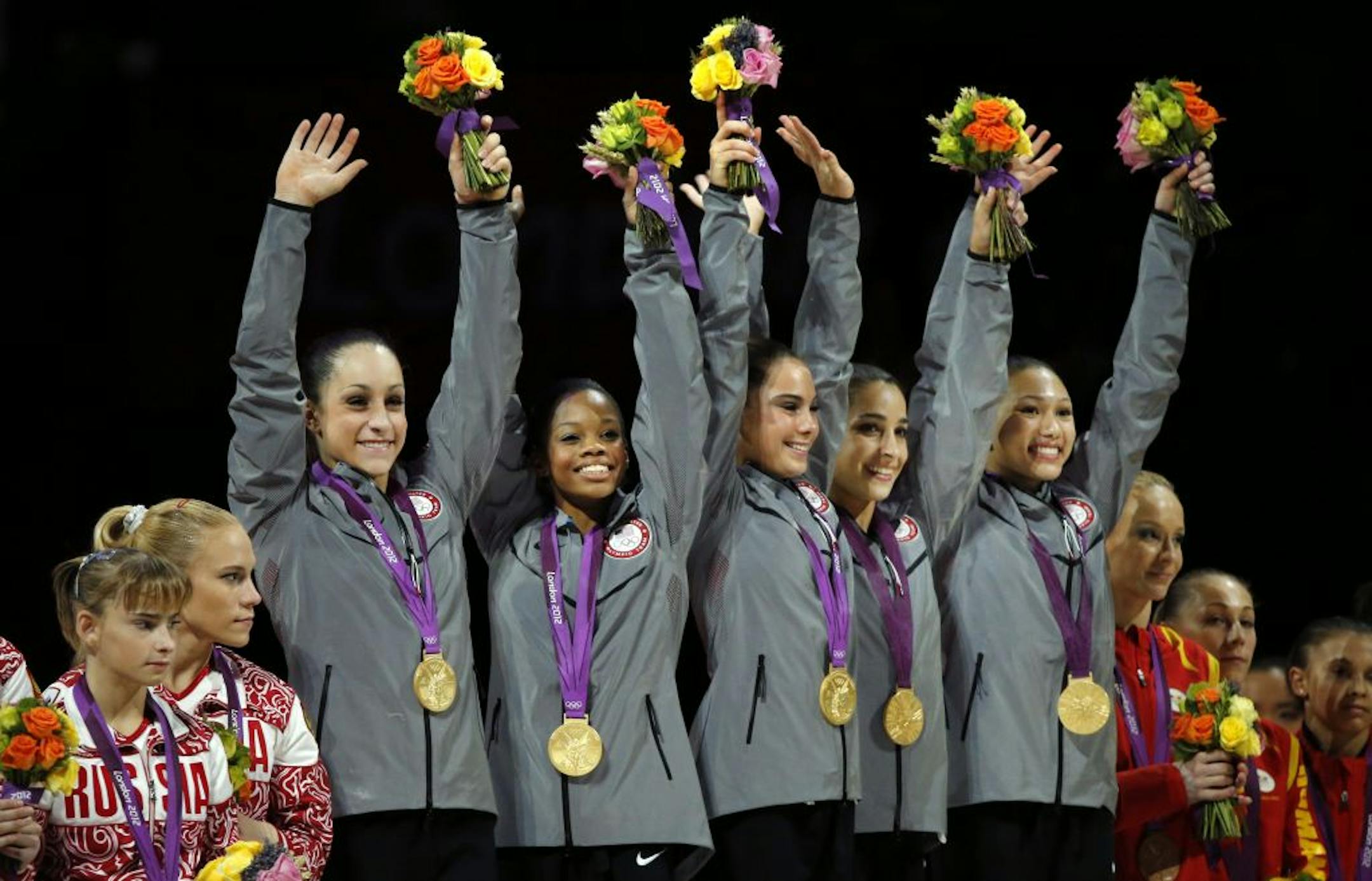 Finals of the Women's Team Artistic Gymnastics. Team USA celebrate their gold medal win in Women's Artistic Gymnastics.