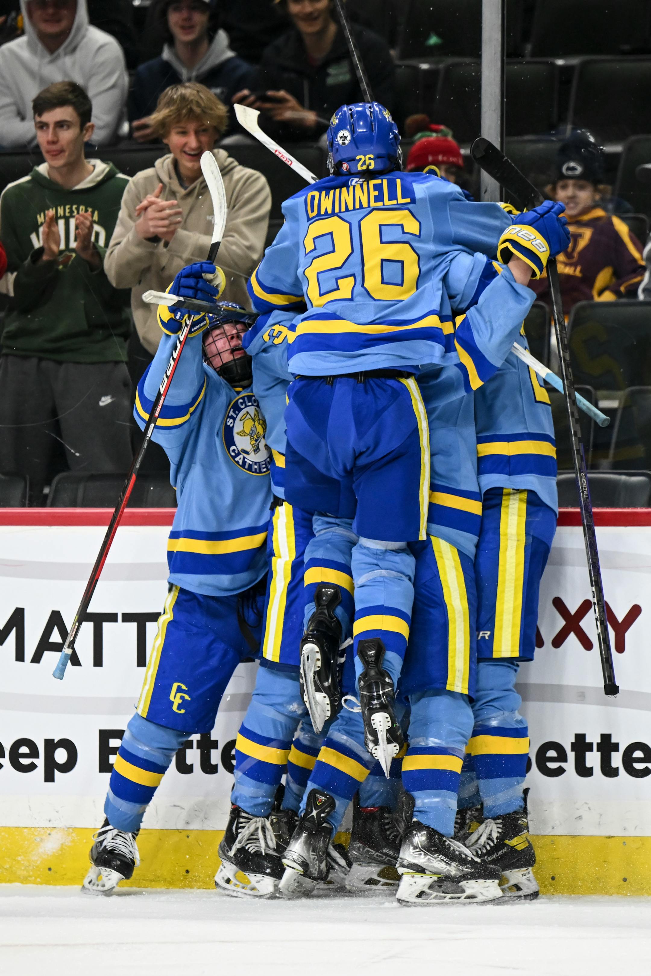 Teammates celebrate with St. Cloud Cathedral forward Joey Gillespie (24) after he scored a goal against Warroad goaltender Hampton Slukynsky (1) during the second period.