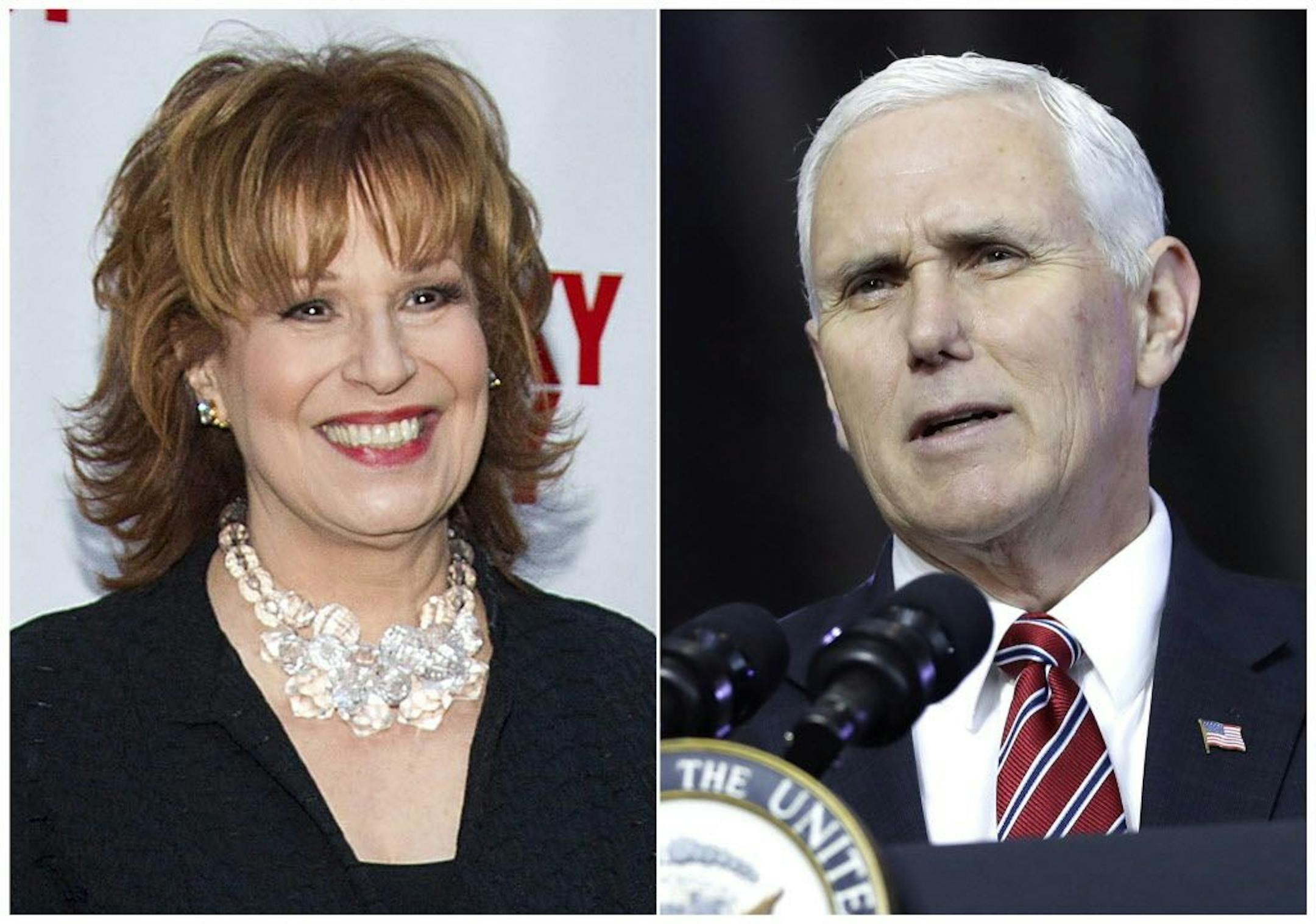 This combination photo shows TV personality Joy Behar at the "Lucky Guy" Opening Night in New York on April 1, 2013, left, and U.S. Vice President Mike Pence aspeaking at U.S. Yokota Air Base, on the outskirts of Tokyo, on Feb. 8, 2018. Behar of "The View" is apologizing for comments she made for equating people's claims that Jesus Christ talks to them to mental illness. Her apology on "The View" Tuesday, March 13, 2018, came after Pence said that Behar had called him to personally apologize.
