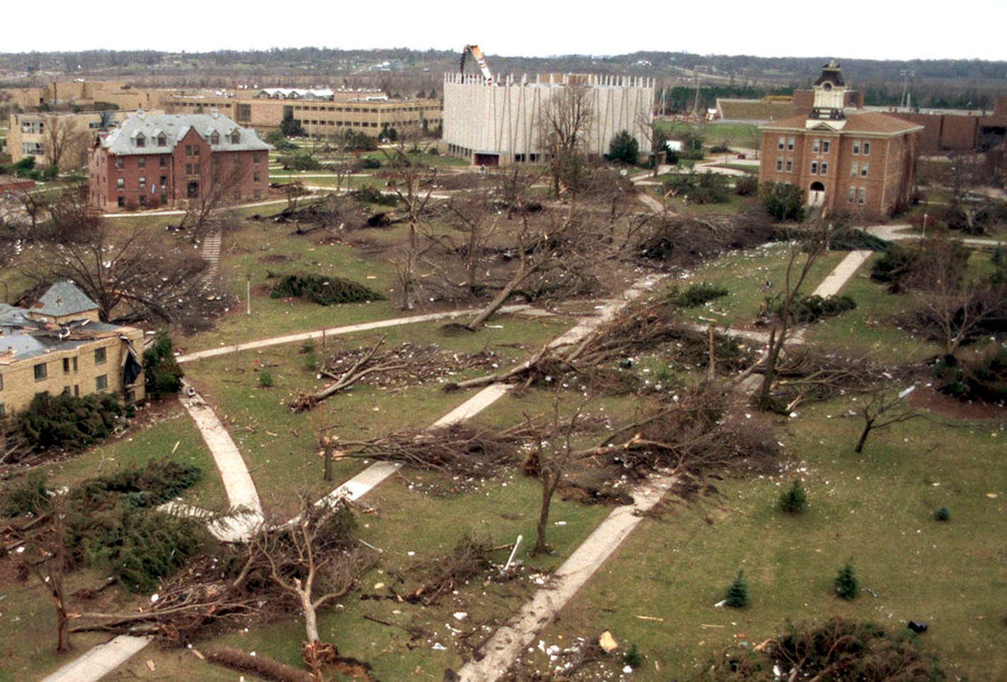 Gustavus Adolphus College in St. Peter, MN. Gustavus Adolphus College was hit by a tornado in 1998 destroying 2,000 trees and 80 percent of the windows on campus buildings.