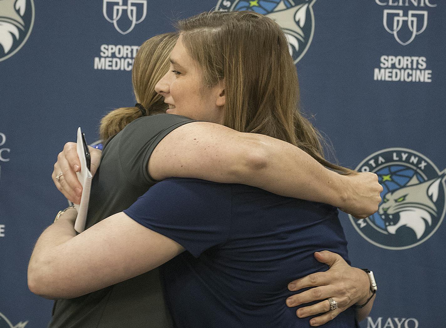 Minnesota Lynx Head Coach Cheryl Reeve hugged guard Lindsay Whalen after Whalen announced her retirement during a press conference.