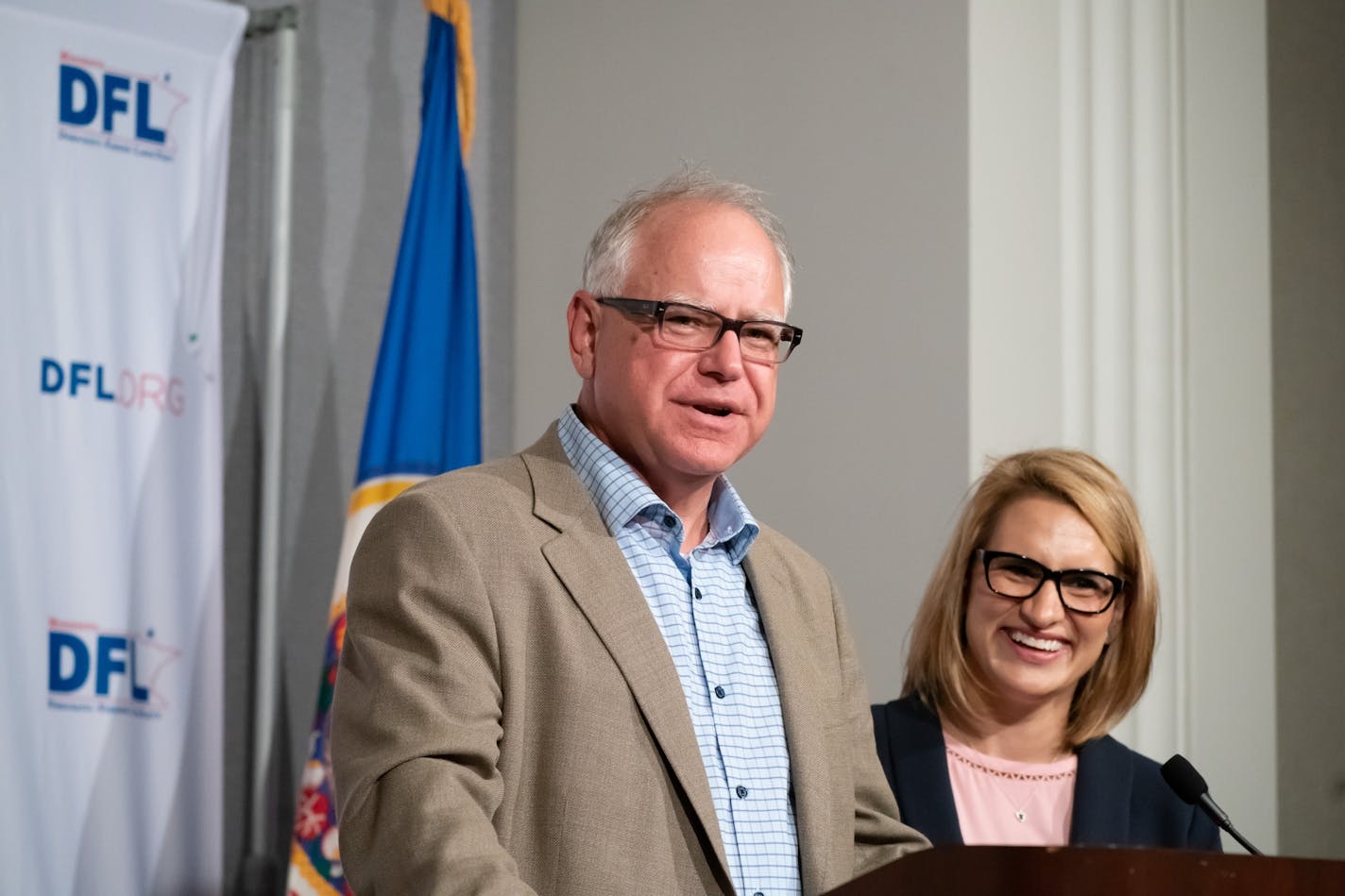 DFL candidate for governor Tim Walz held a news conference with his running mate Peggy Flanagan in the State Office Building on Wednesday.