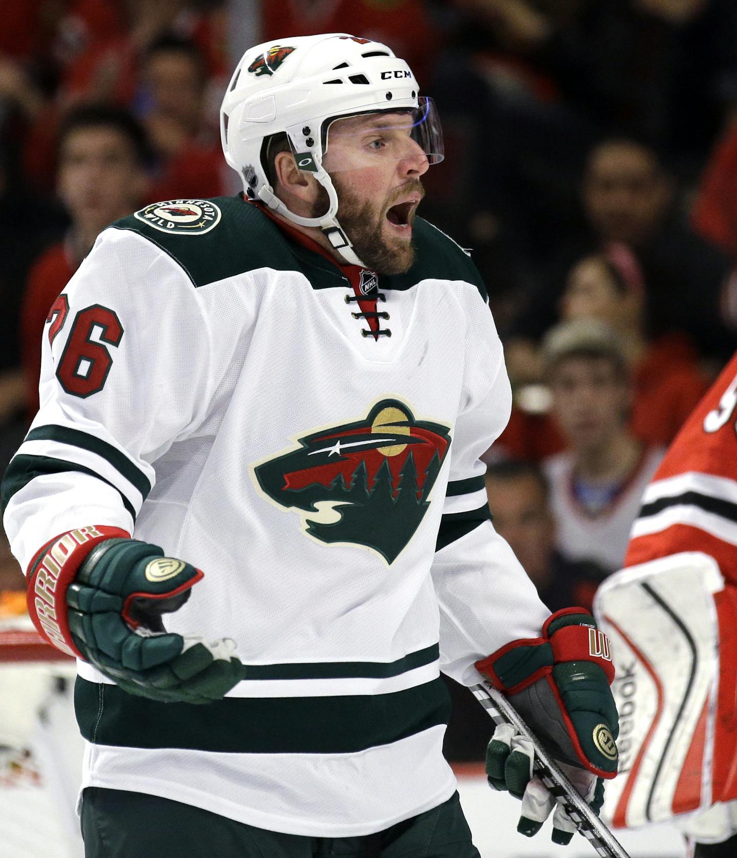 Minnesota Wild left wing Thomas Vanek (26) reacts to a call during the first period of Game 2 in the second round of the NHL Stanley Cup hockey playoffs against the Chicago Blackhawks in Chicago, Sunday, May 3, 2015. (AP Photo/Nam Y. Huh) ORG XMIT: MIN2015050619554724